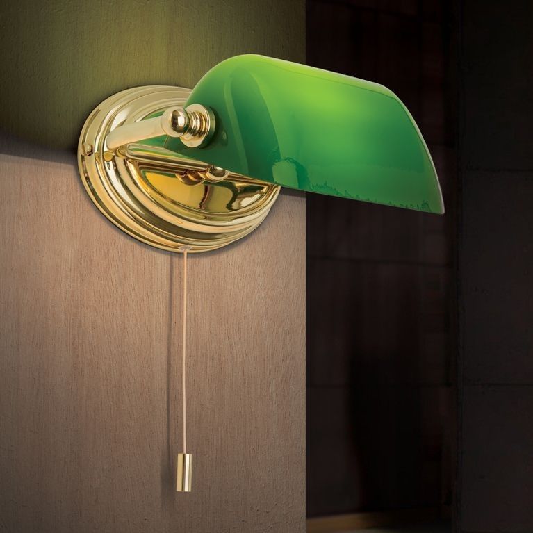 Wall light HARVARD, brass with green glass shade