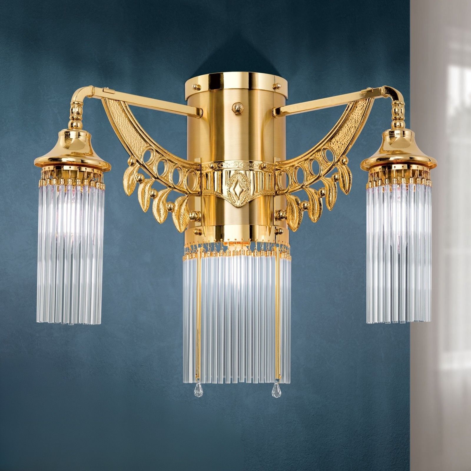 Adele Wall Light, 3 lamps, 24K gold plated, with crystal glass sticks