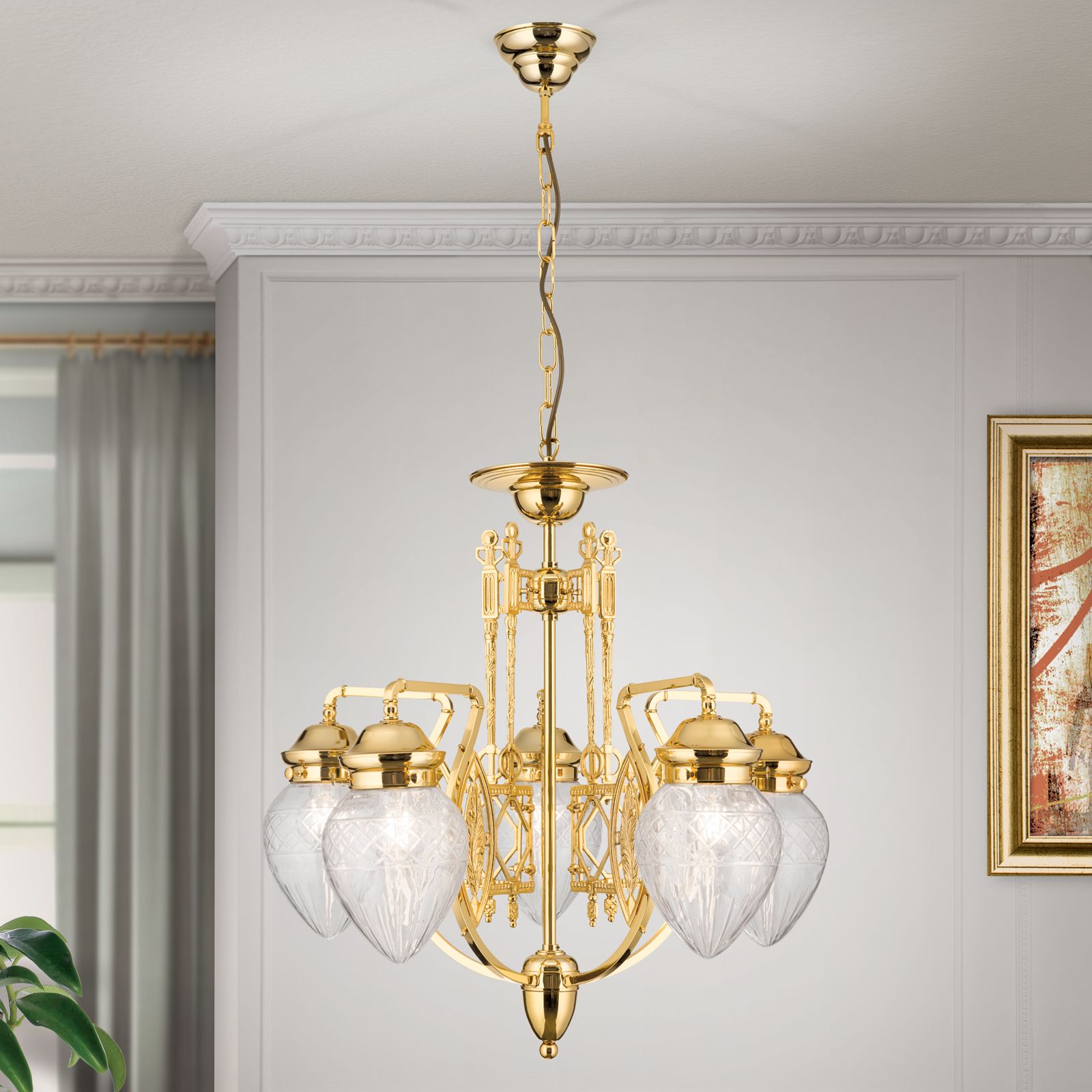 Luster BUDAPEST, 5-flammig, Gold, mit klar geschliffenen Gläsern