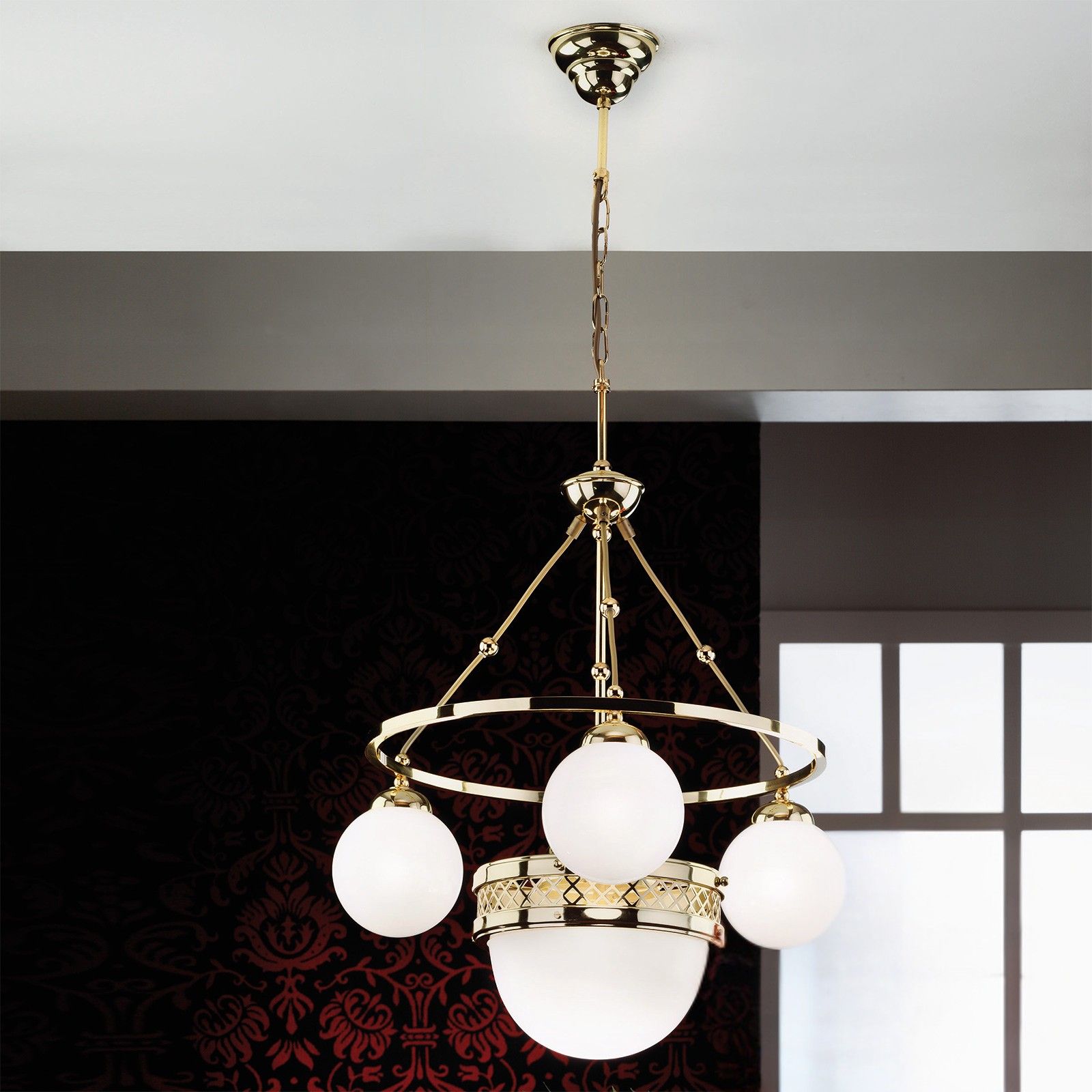 Pendant lamp ALT WIEN, 3+1-flames, brass glossy, with opal glossy glass