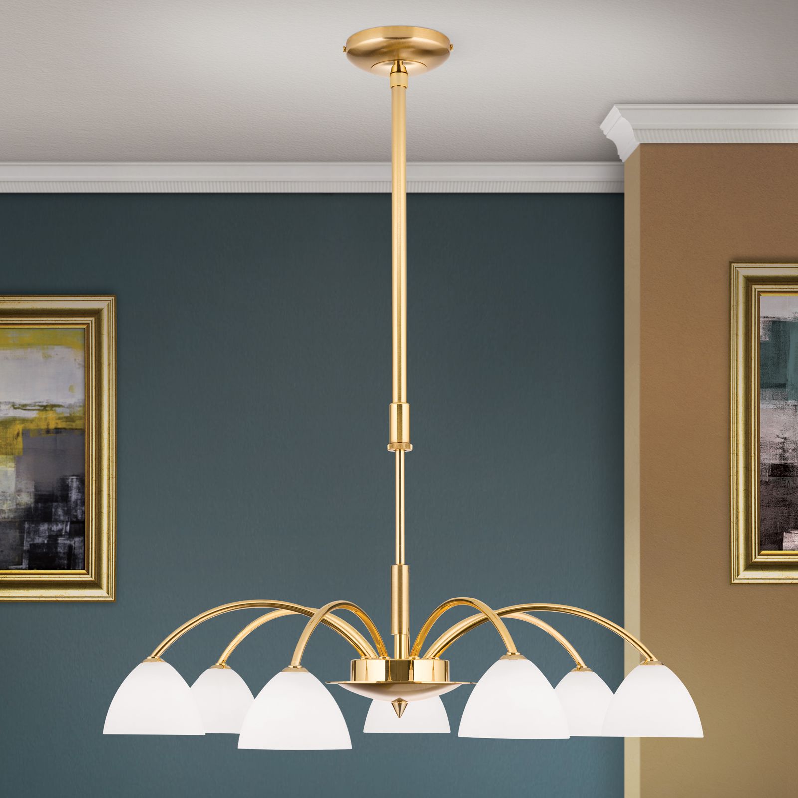 Chandelier OPALDESIGN, 7-flames, gold matt, with opal glass