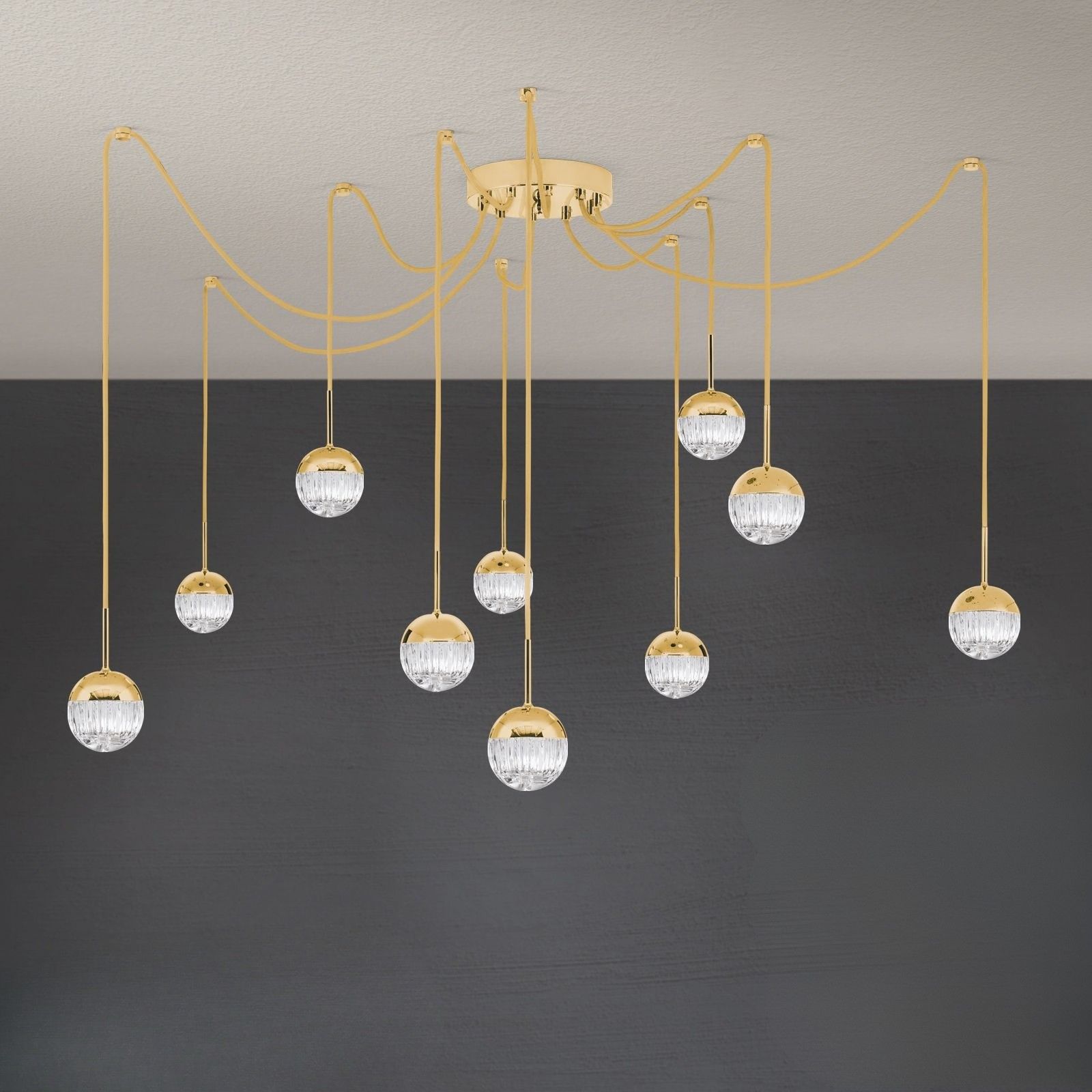 BALL Cluster, 10 lamps, 24K gold plated with clear crystal glasses with handmade line cut