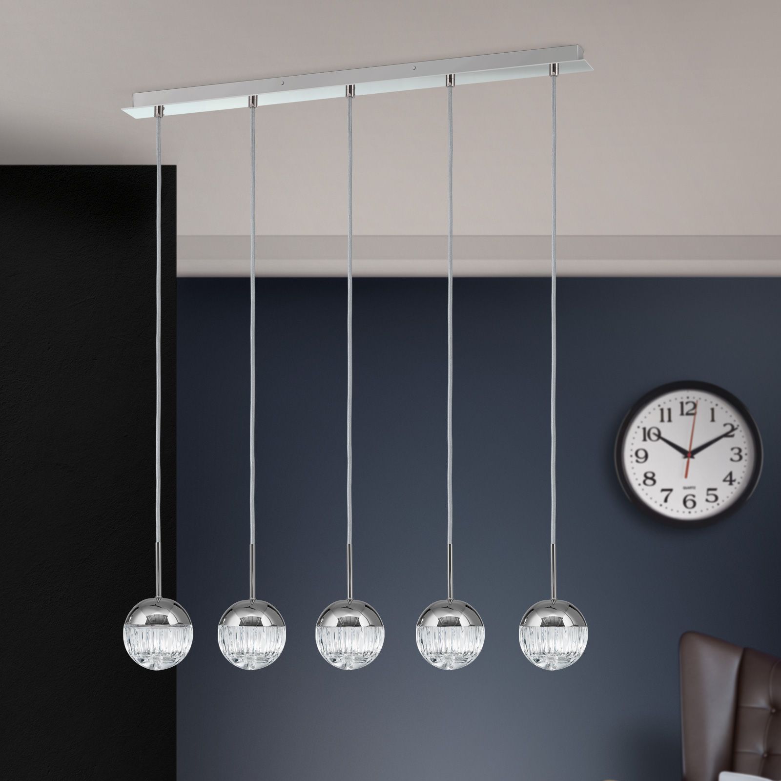 5-flames pendant lamp BALL, nickel, with silver textile cable and clear crystal glass in line cut