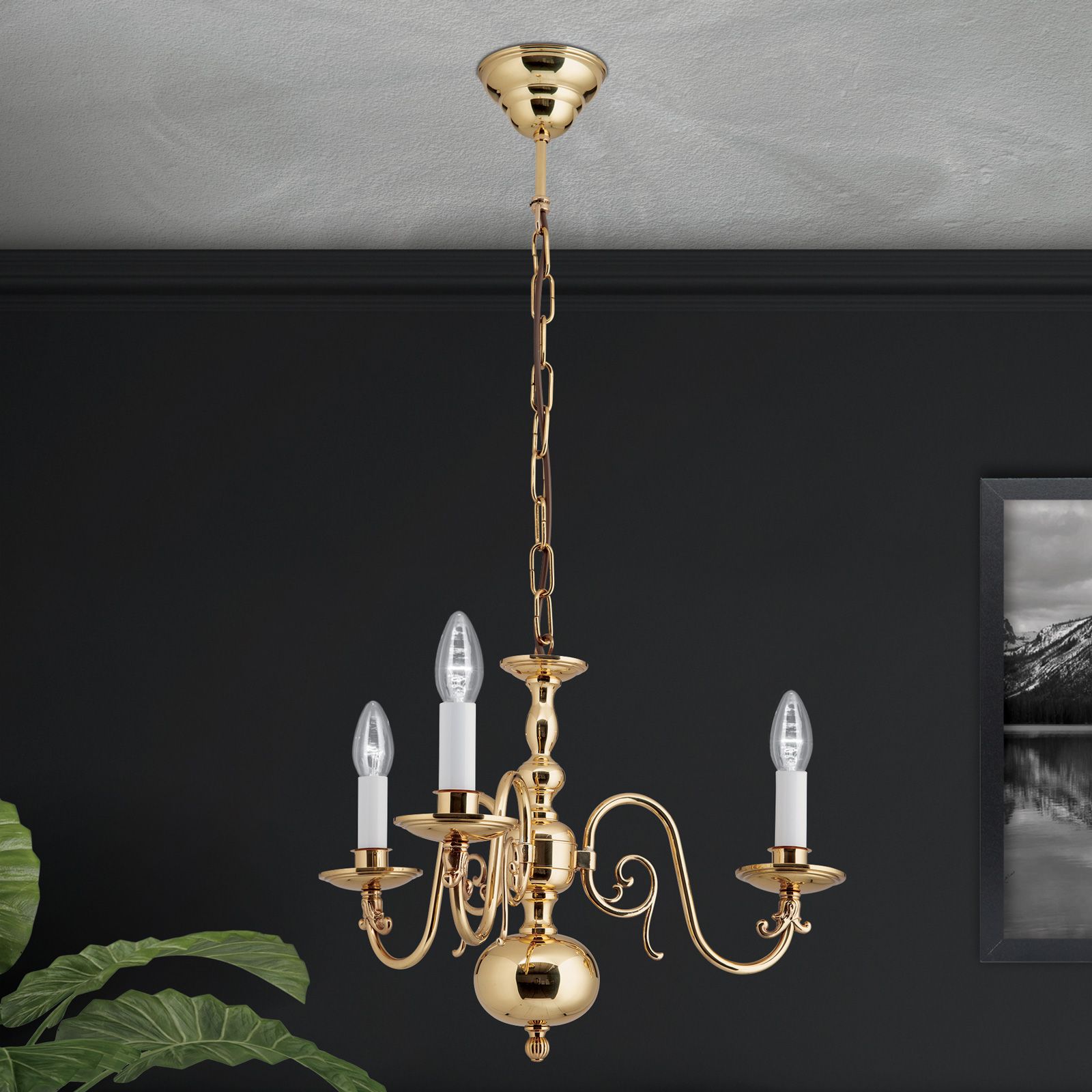 Chandelier FLÄMISCH, 3-flames, shiny brass