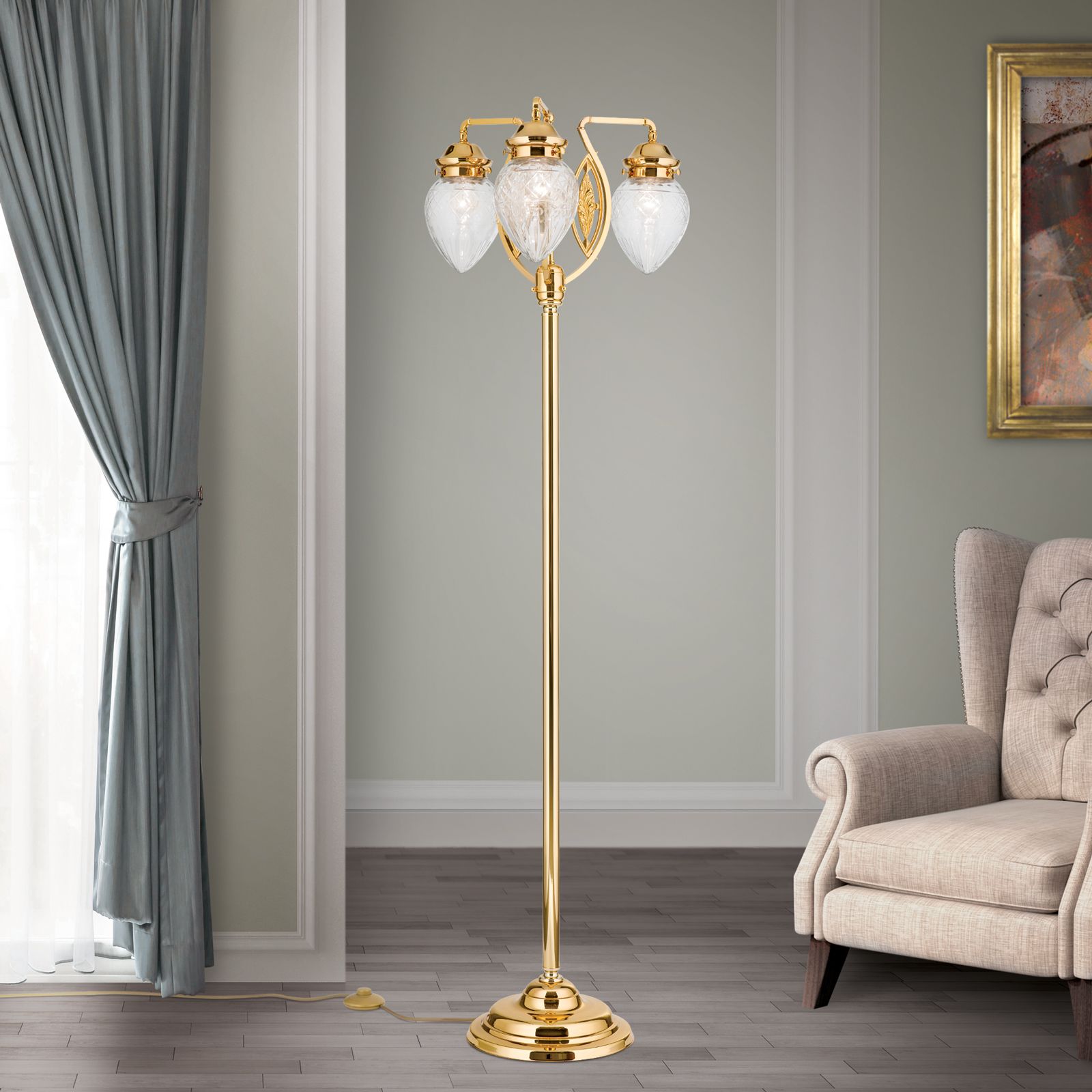 Floor Lamp BUDAPEST in 24K gold finish with 3 clear cut glasses
