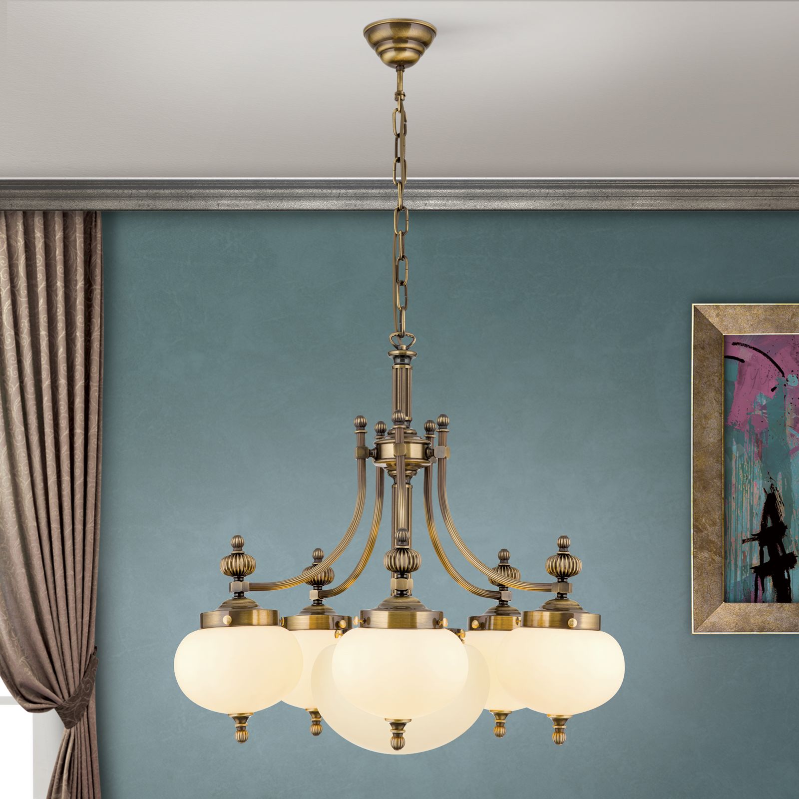 Chandelier WIENER NOSTALGIE, 5+1 lamps, antique brass finish, downwards, champagne coloured glasses