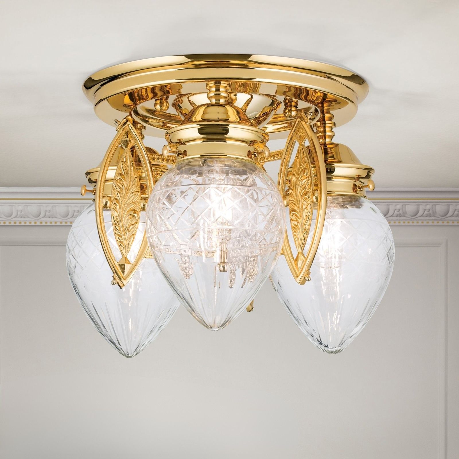 Ceiling light BUDAPEST, 3 lights in 24K gold plated finish with clear cut glasses