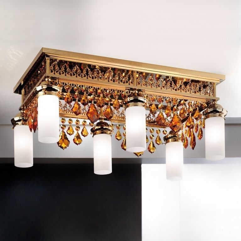 Deckenluster ORIONtal, 6-flammig, Gold, mit topas färbigen Kristallpendeln