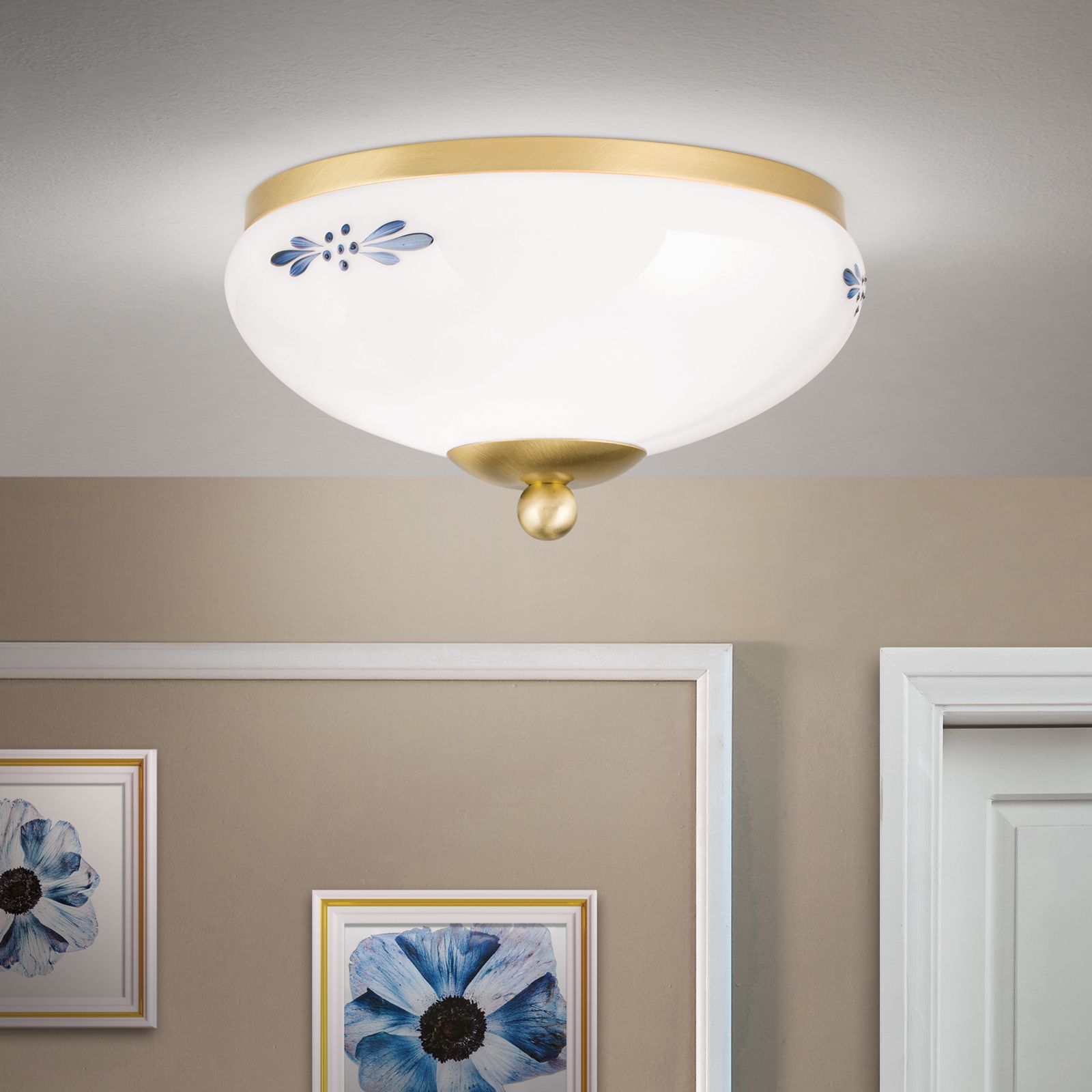 Deckenleuchte LANDHAUS, Messing, mit blauem Dekor, mit Knopf, Ø 21cm