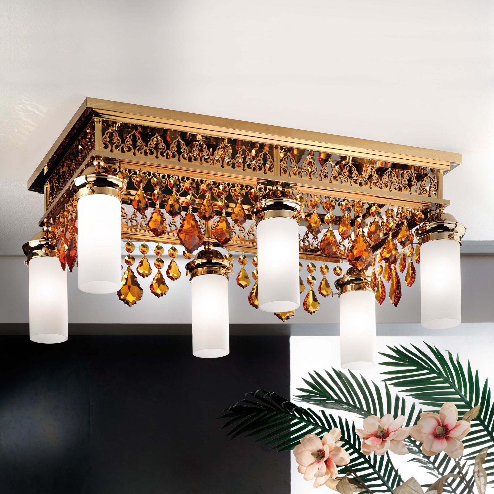 Ceiling chandelier ORIONtal, 6-flames, gold, with topaz-coloured crystal pendants