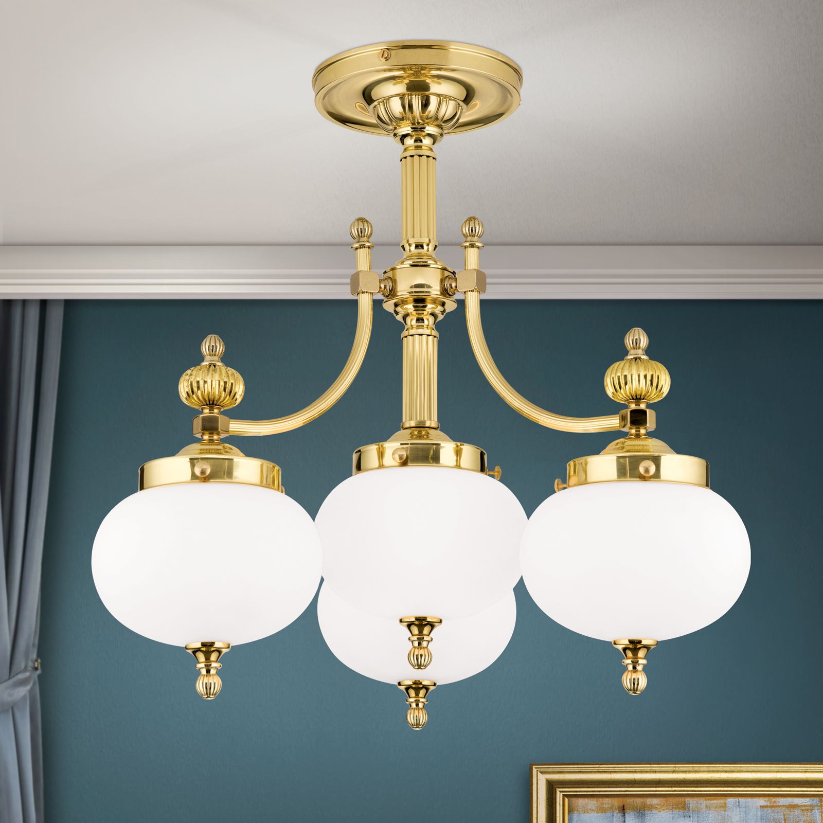 Ceiling chandelier WIENER NOSTALGIE, 3+1-flames, shiny brass, with opal matt glass