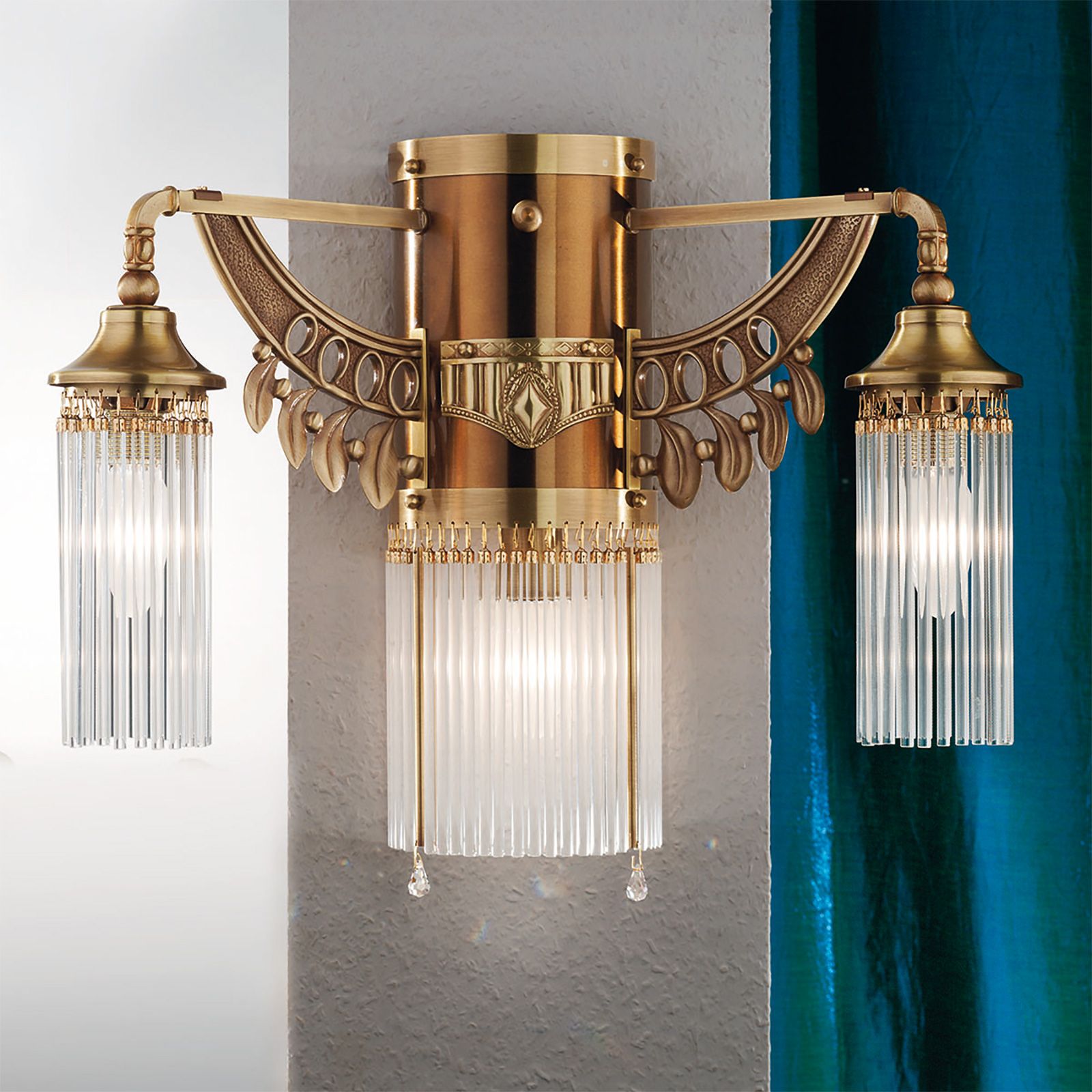 Wall light ADELE, 3-flames, old brass, with glass rods