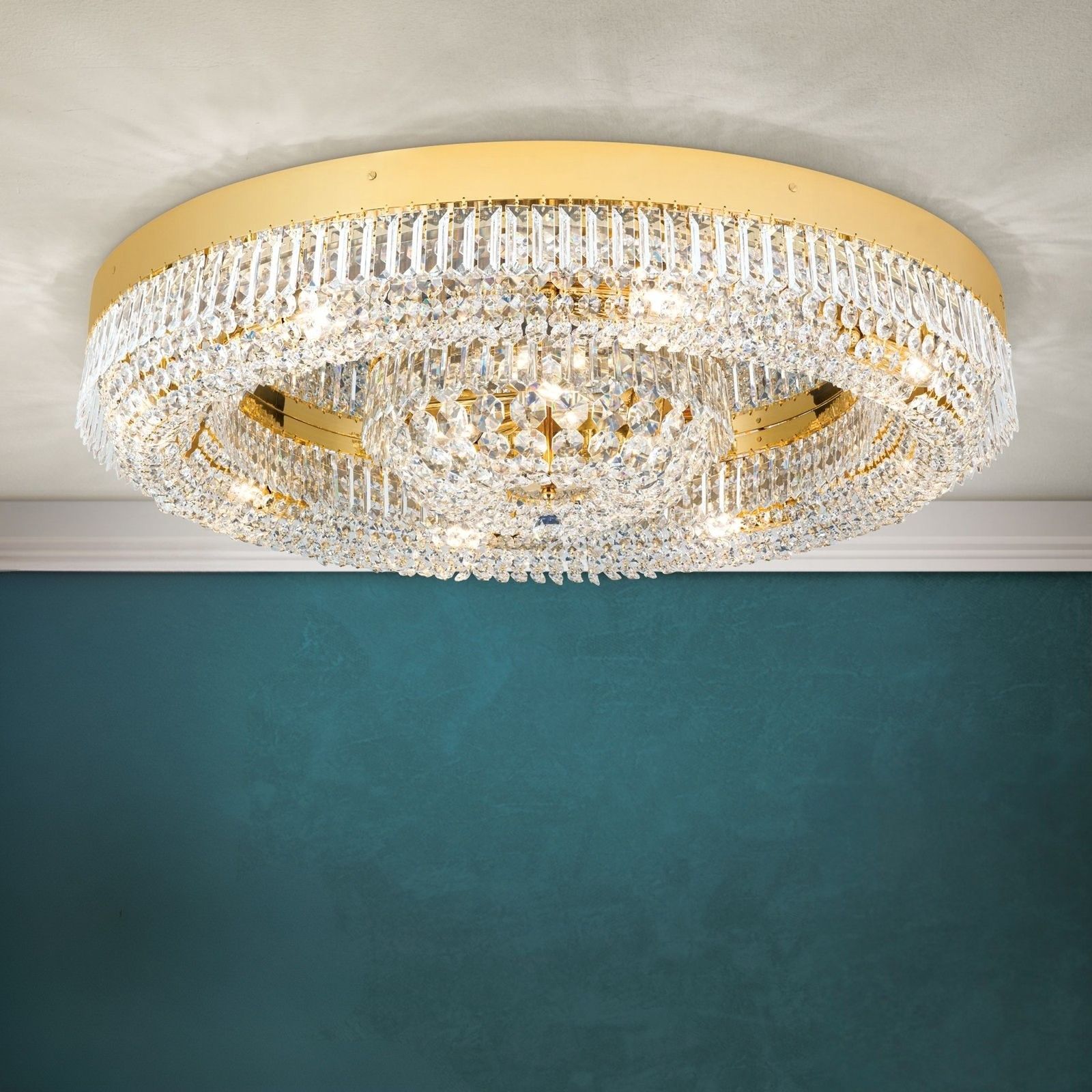 Crystal ceiling light SATURN, 85cm, gold finish
