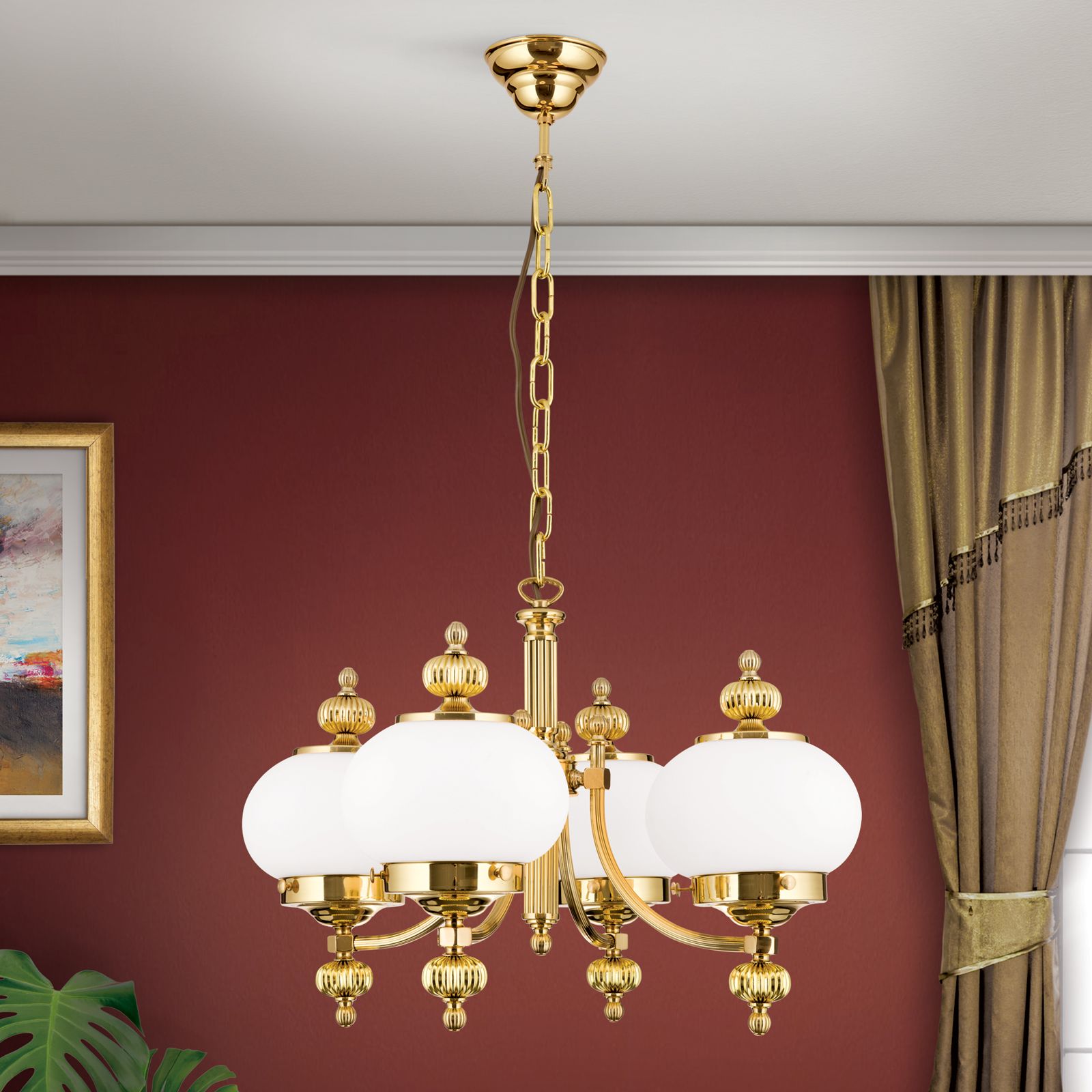 Chandelier WIENER NOSTALGIE, 4-flames, shiny brass, with opal matt glass, upwards