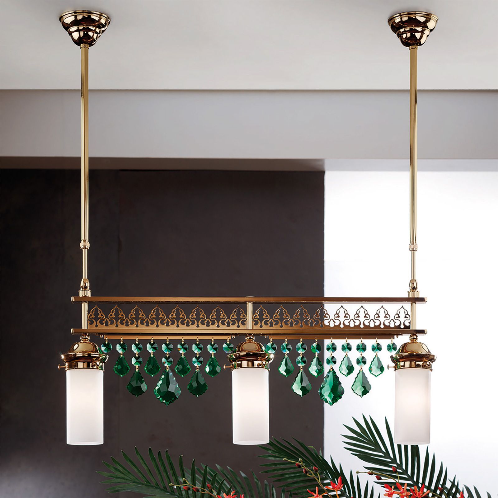 Pendant lamp ORIONtal, 3-flames, gold, with green crystal pendants