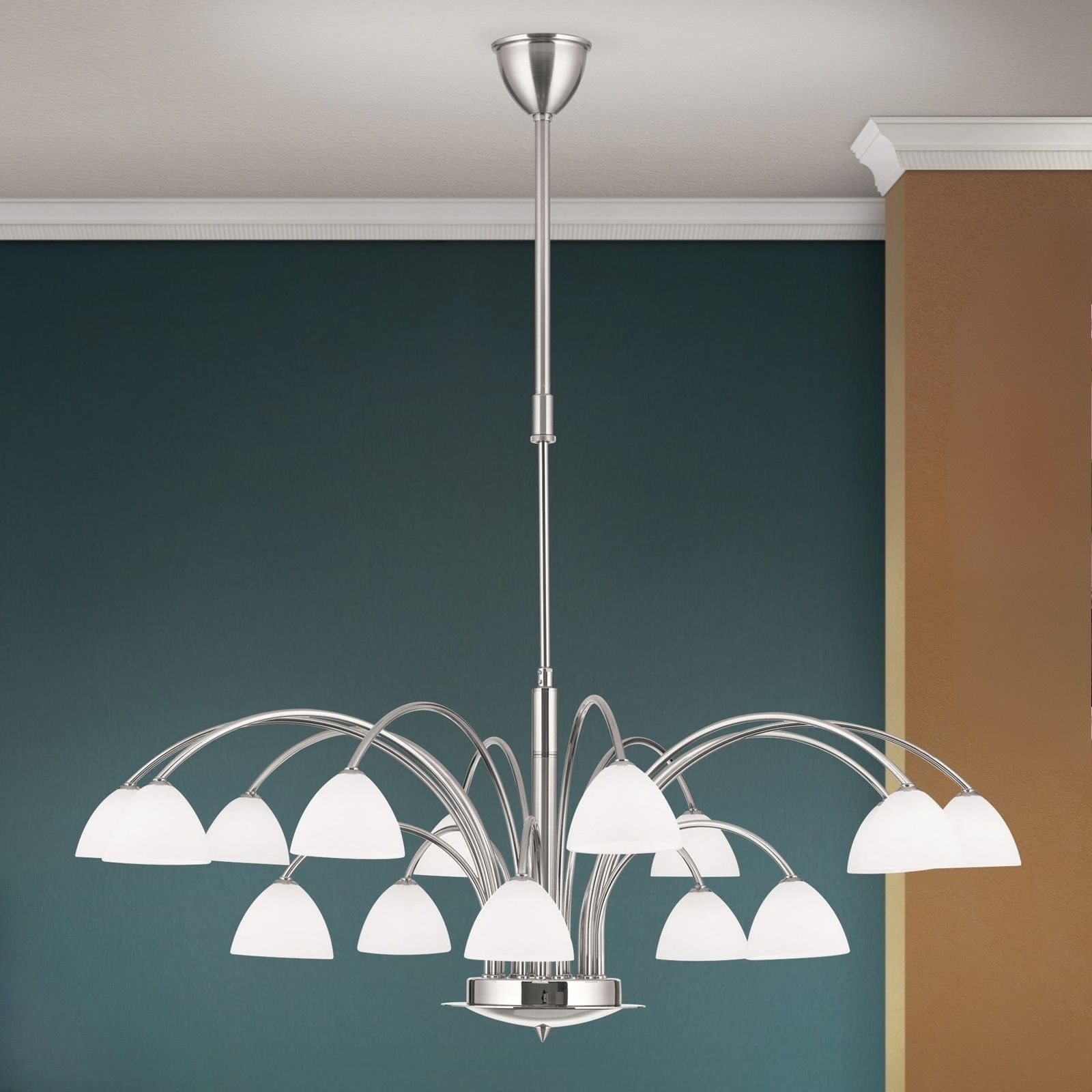 OPALDESIGN chandelier, 15 lamps, satin chrome with opal glasses