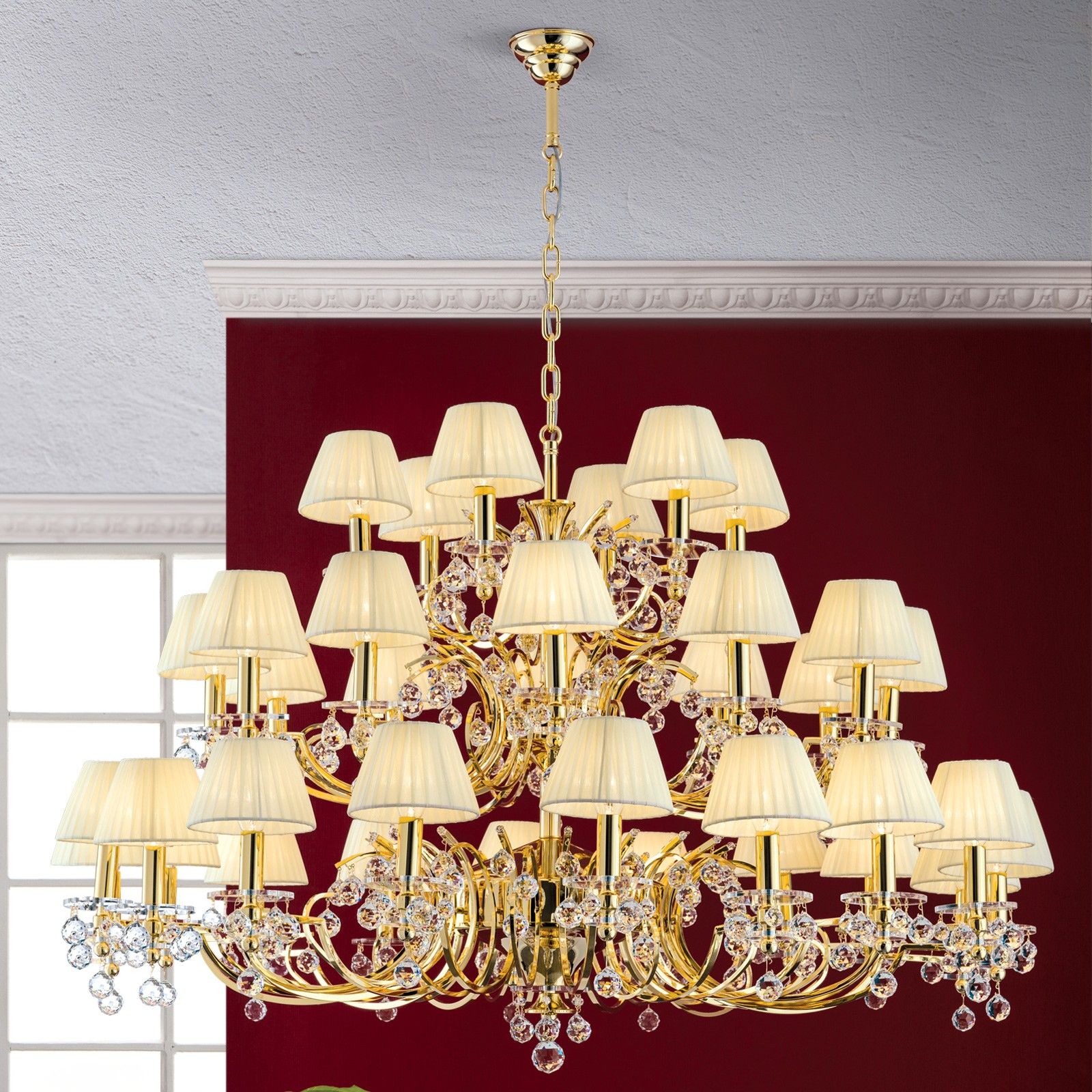 Luster KRISTALLDESIGN, 36-flammig, Gold mit champagnerfarbenen Stoffschirmen