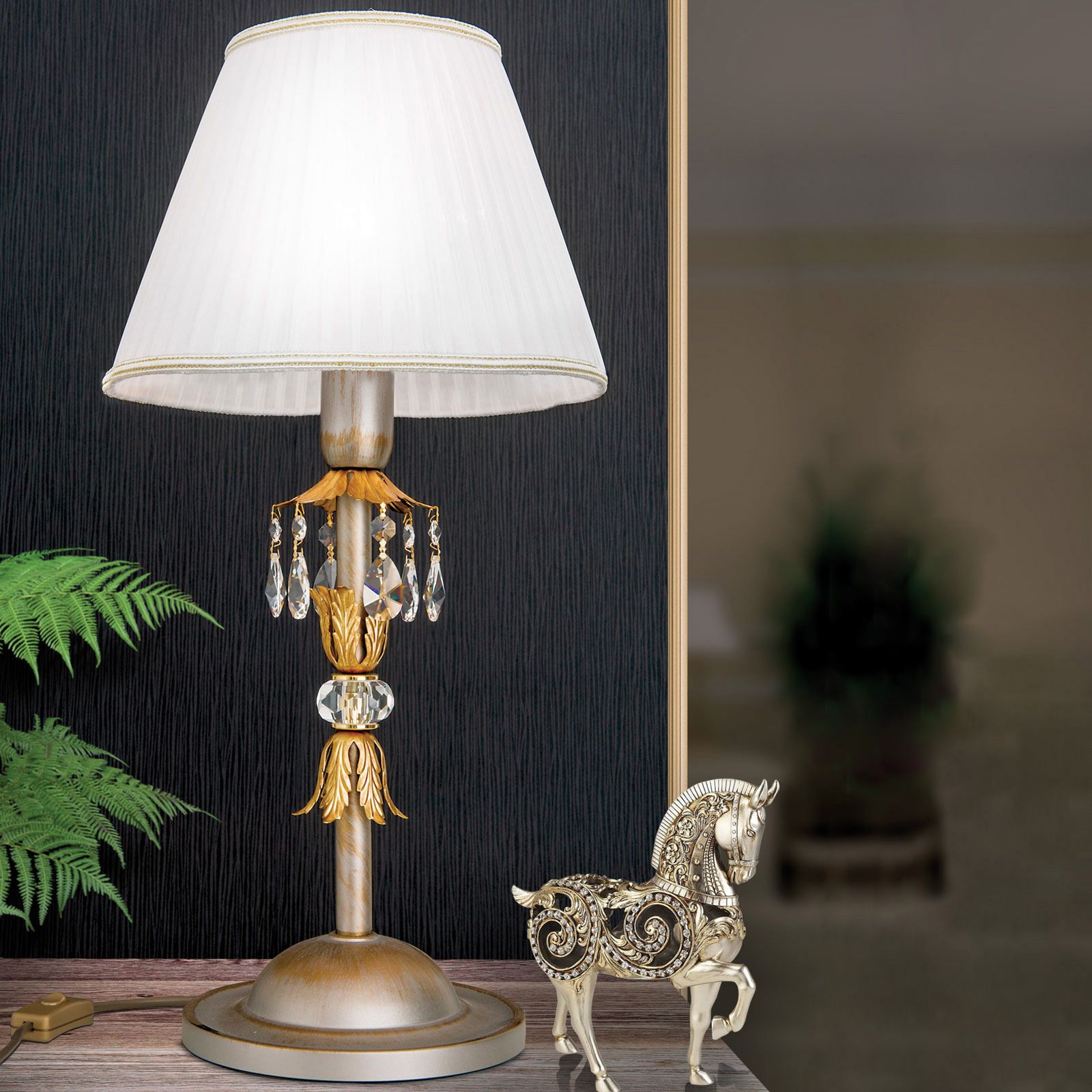 Tischlampe MIRAMARE, silbergold, 1-flammig, mit weißem Schirm