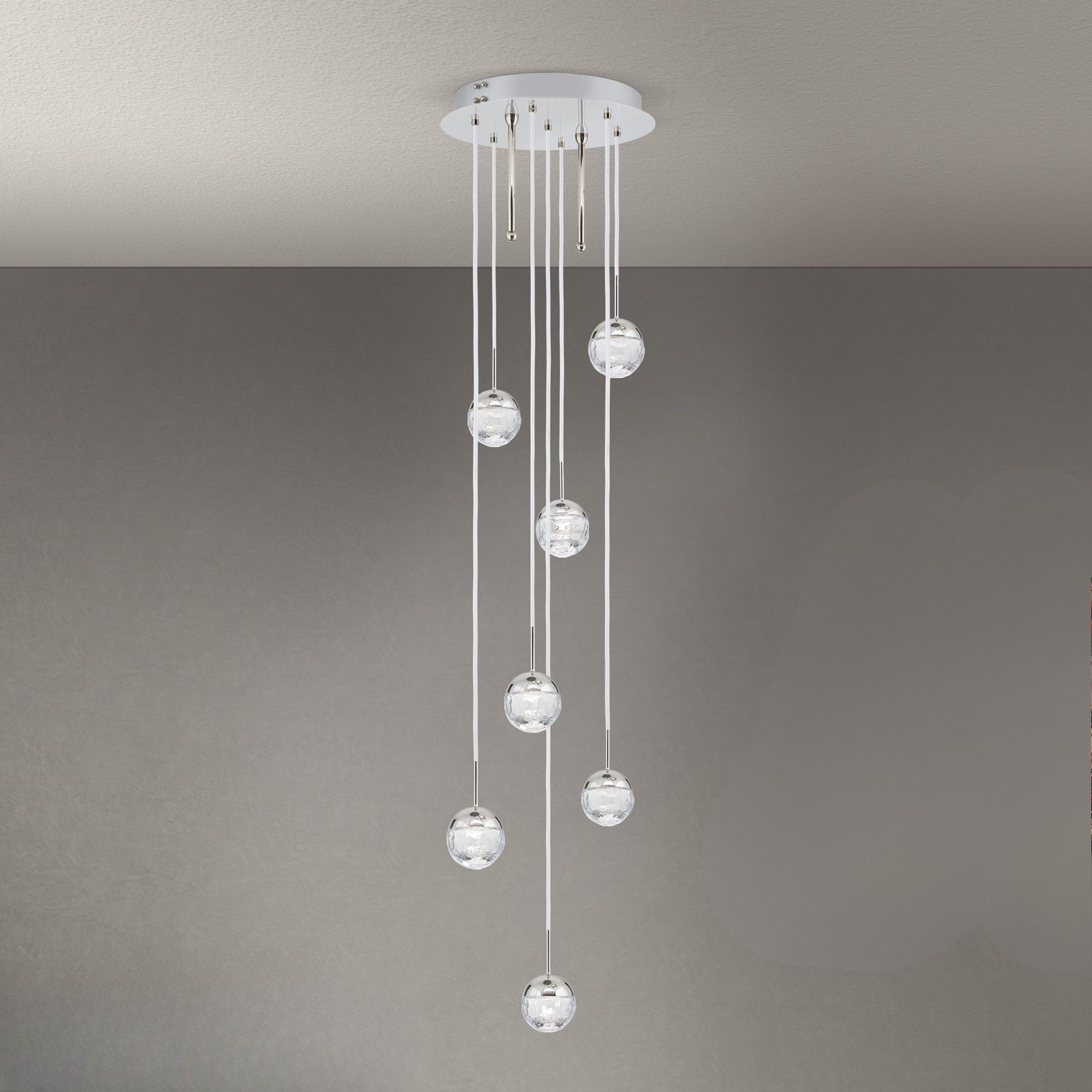 Ceiling chandelier BALL, Ø 40cm, nickel, with white textile cable and clear cut crystal glass