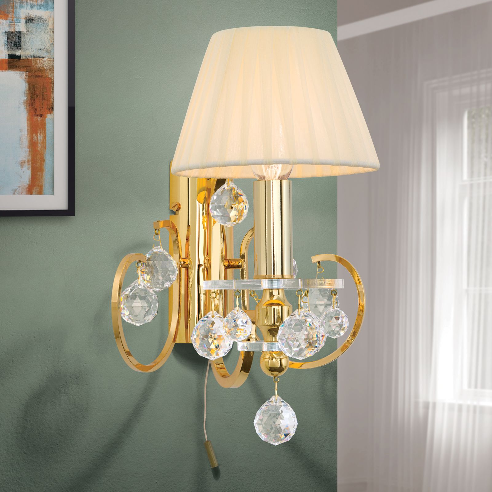 Wandleuchte KRISTALLDESIGN, 1-flammig, Gold mit champagner-färbigem Schirm