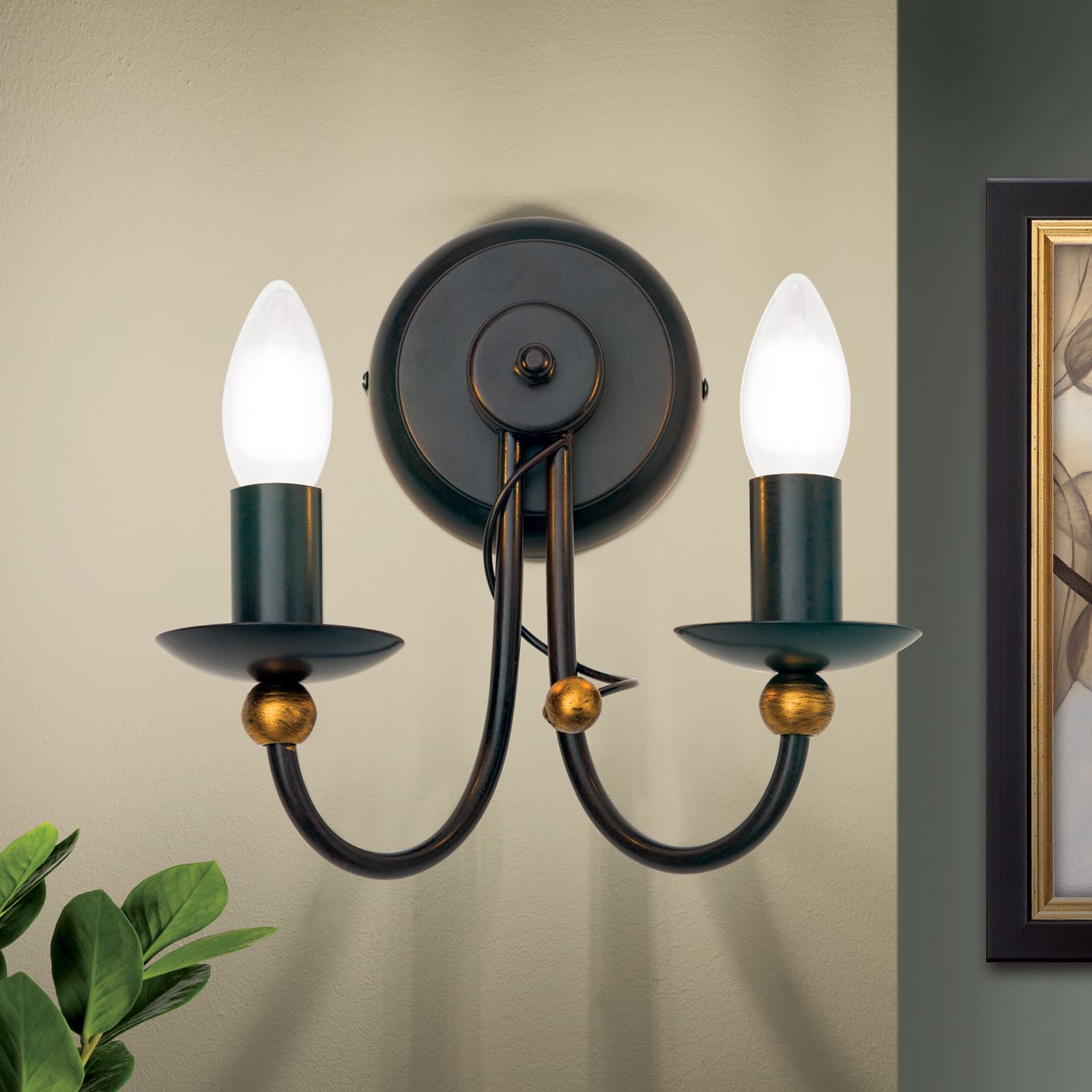 Wandleuchte GIOVANNI, 2-flammig, antik-braun, gold