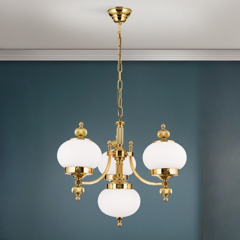 Chandelier WIENER NOSTALGIE, 3+1-flames, shiny brass, with opal matt glass, upwards