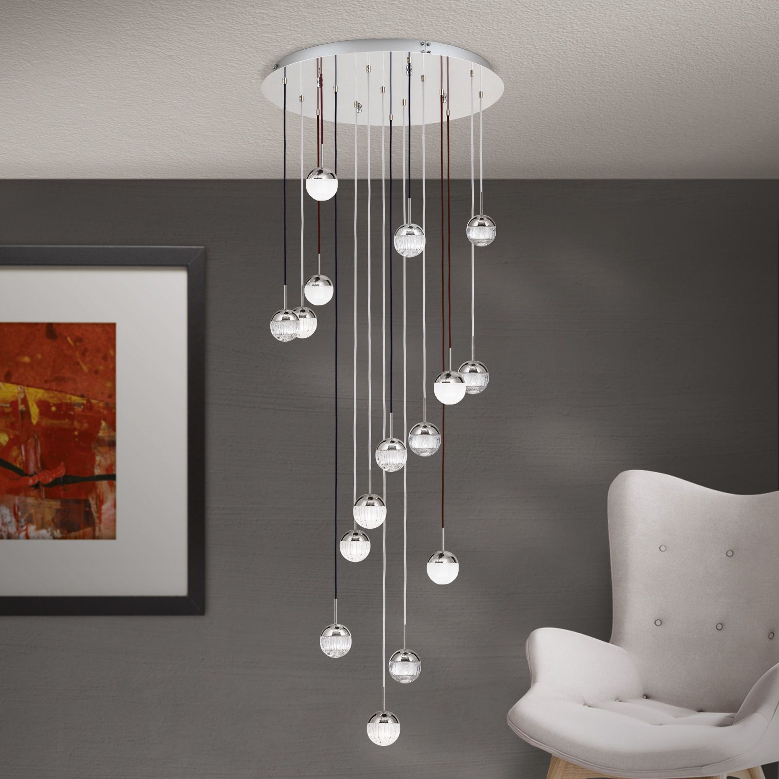 Ceiling chandelier BALL, Ø 80cm, nickel, with textile cable colour and crystal glass varieties
