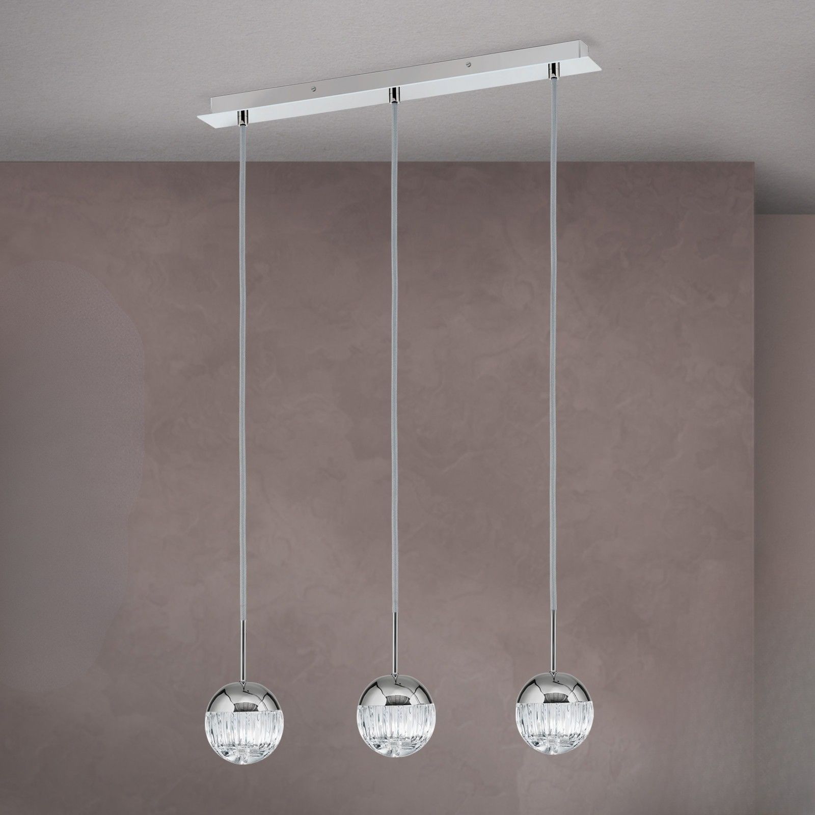 3-flames pendant lamp BALL, nickel, with silver textile cable and clear crystal glass in line cut