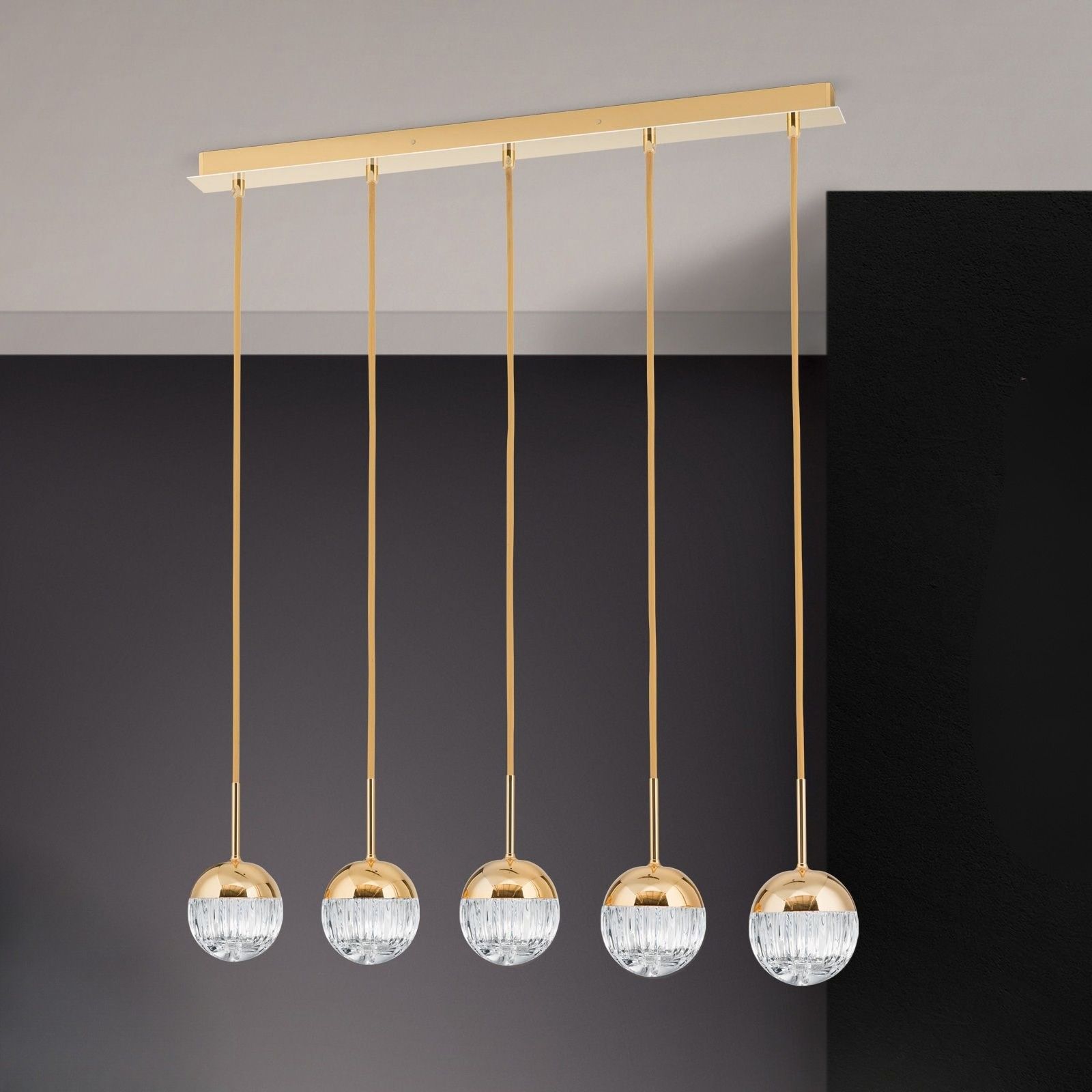 BALL pendant light, 5 lamps, 24K gold plated with clear crystal glasses with handmade line cut