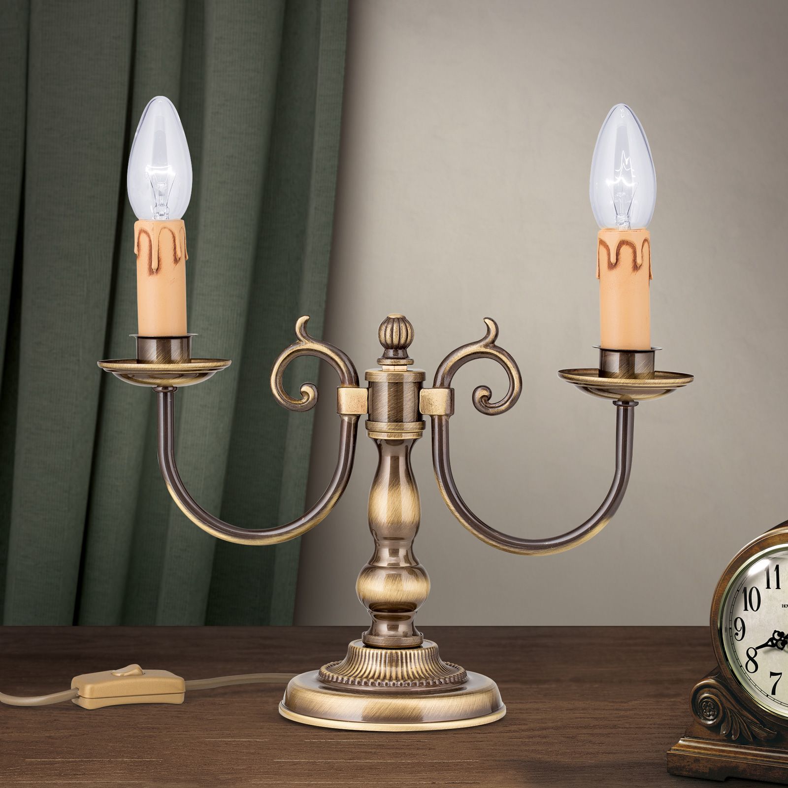 Table lamp FLÄMISCH, 2-flames, patina, without shade