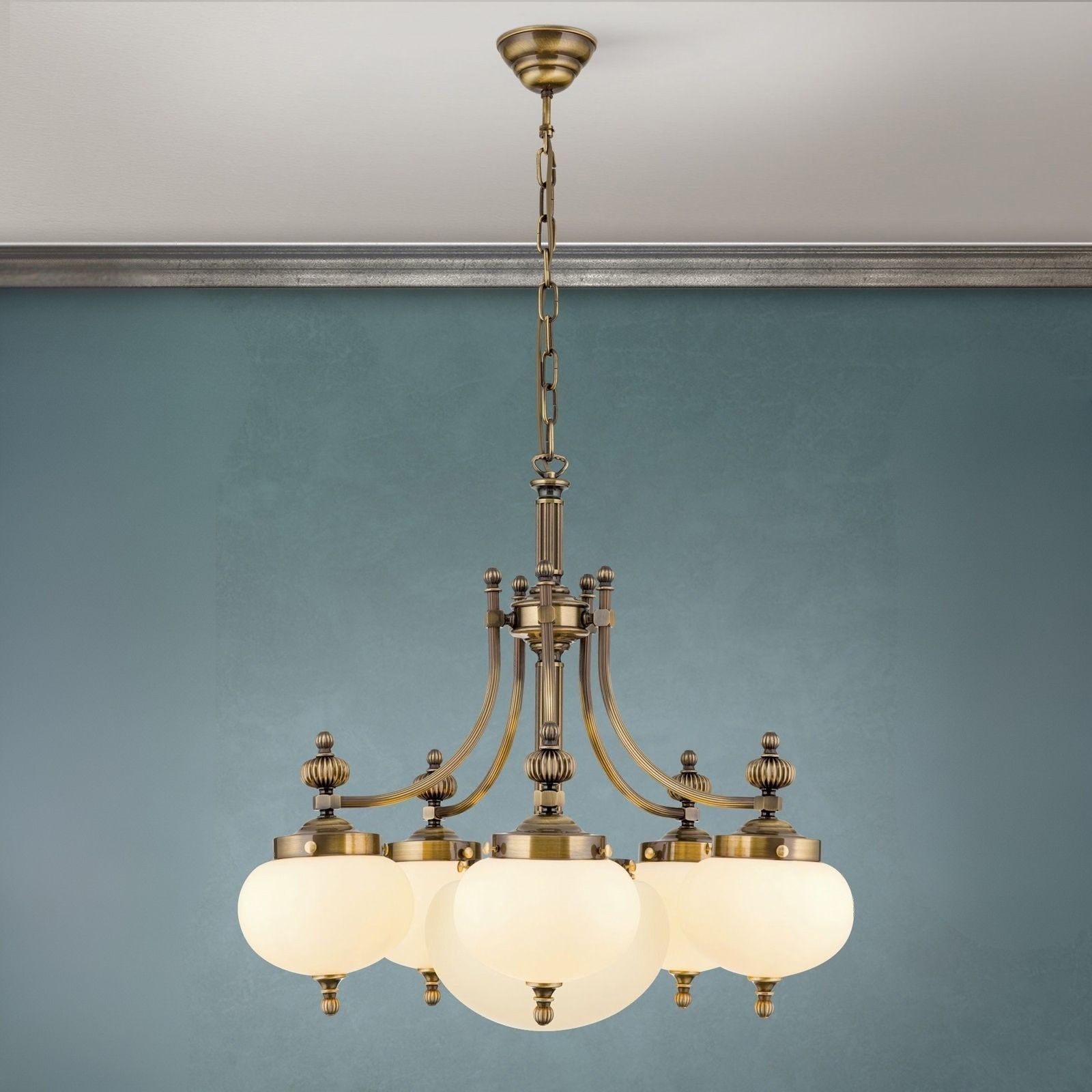 Chandelier WIENER NOSTALGIE, 5+1 lamps, antique brass finish, downwards, champagne coloured glasses