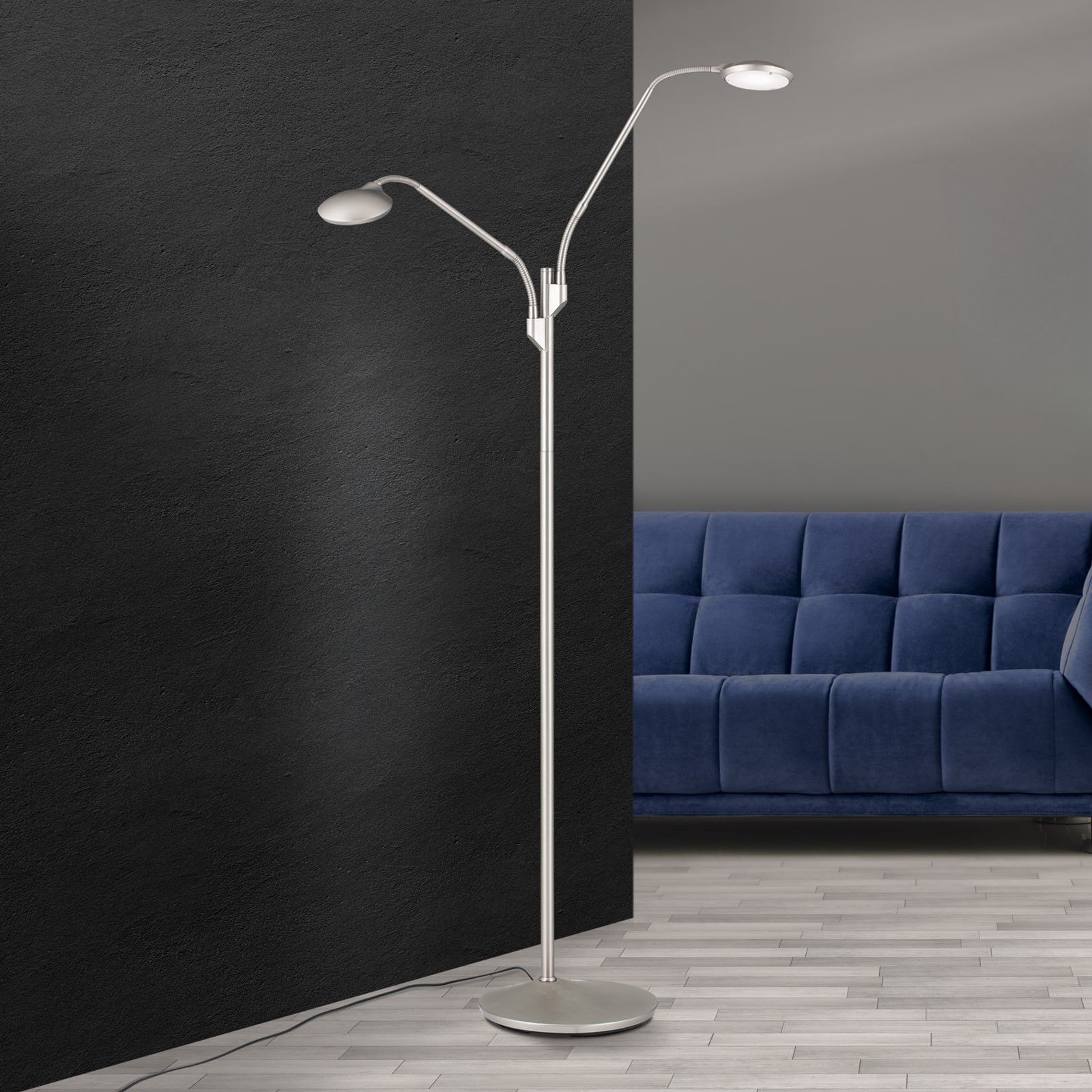 COBRA LED floor lamp, 2 lights, satin chrome finish
