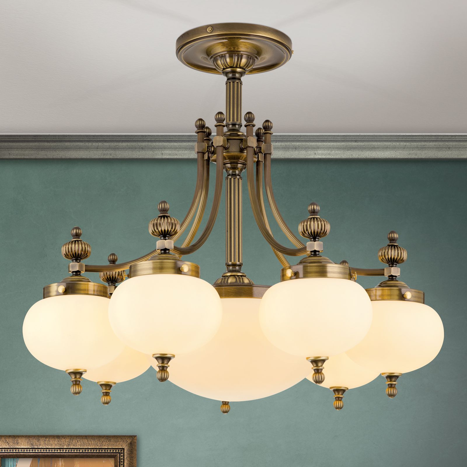 Deckenluster WIENER NOSTALGIE, 7+1-flammig, Patina, mit champagne matten Gläsern