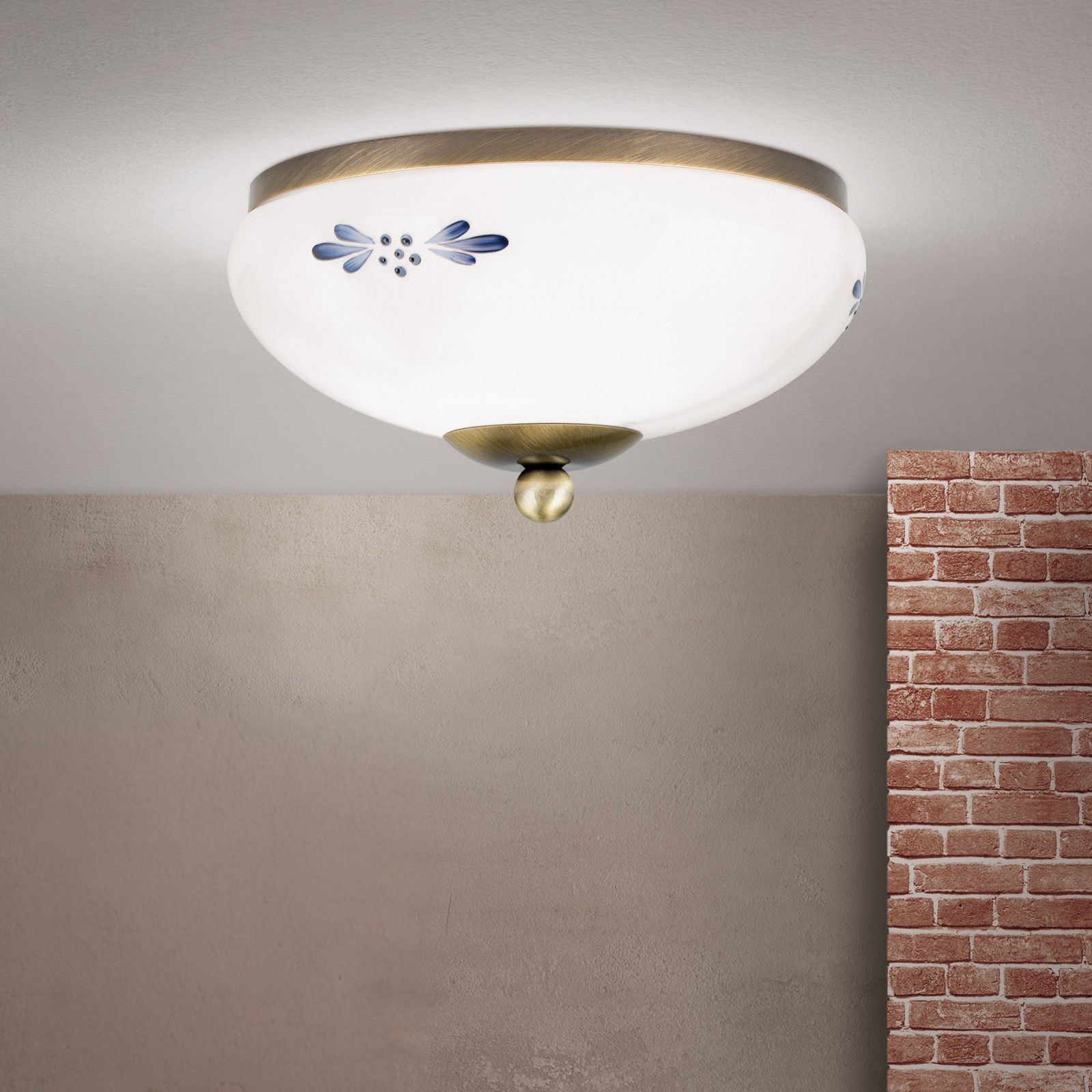 Deckenleuchte LANDHAUS, Patina, mit blauem Dekor, mit Knopf, Ø 21cm