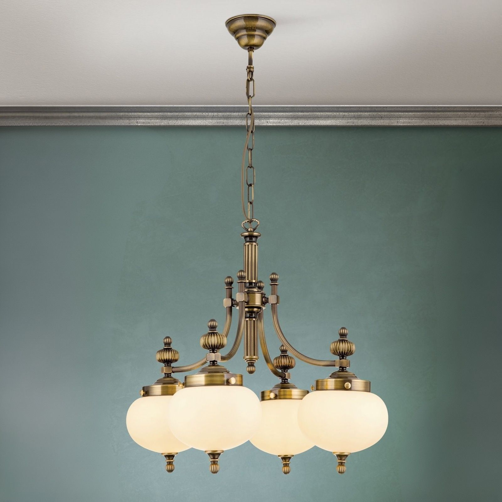 Chandelier WIENER NOSTALGIE, 4 lamps, antique brass finish, downwards, champagne coloured glasses