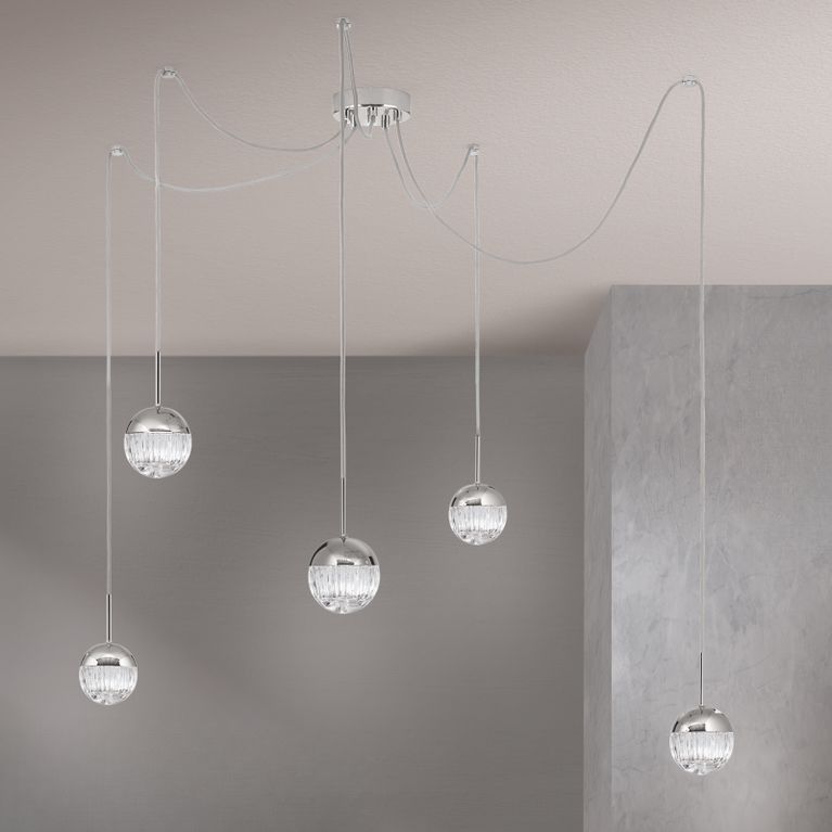 Cluster light BALL, 5-flames, nickel, with clear crystal glass in line cut