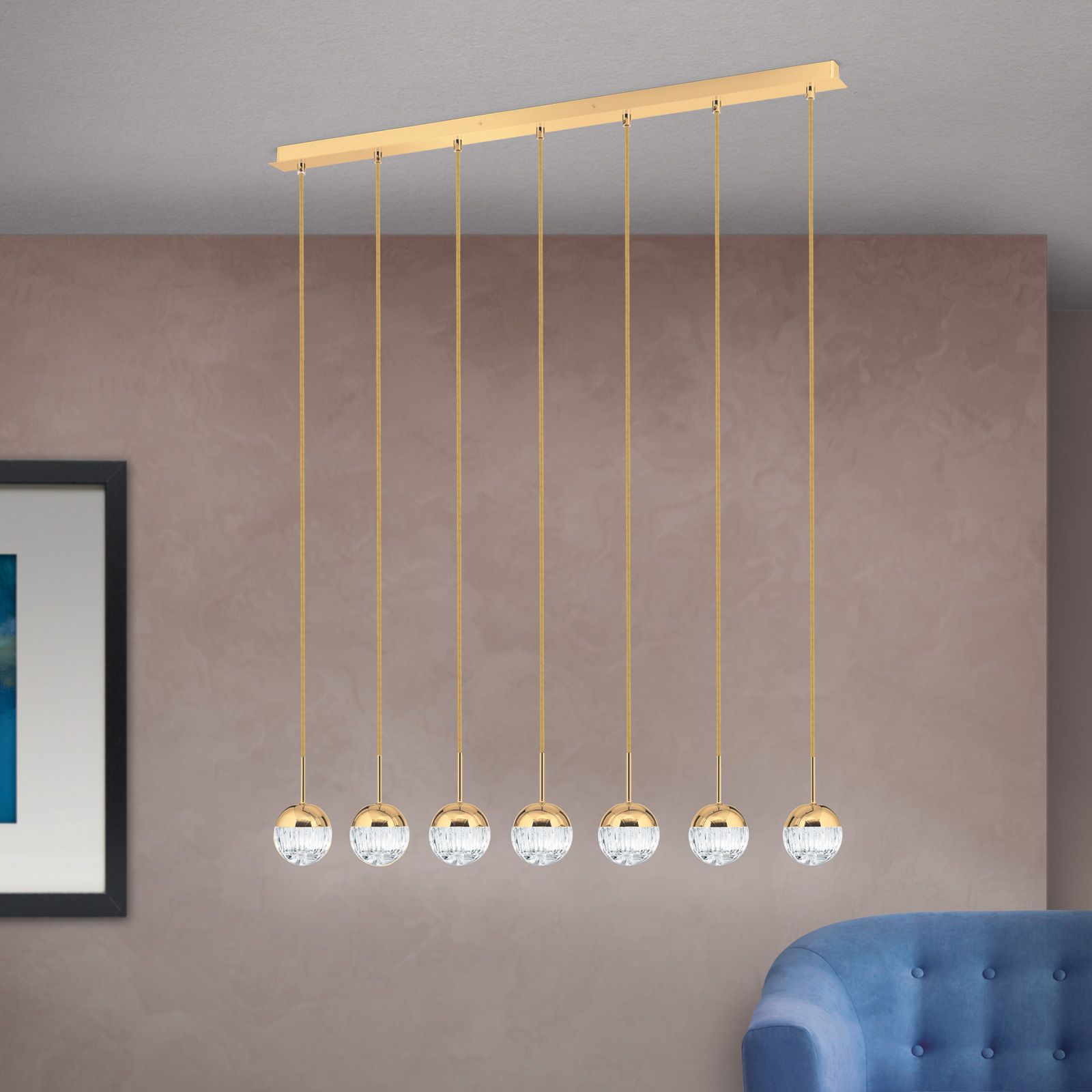 BALL pendant light, 7 lamps, 24K gold plated with clear crystal glasses with handmade line cut