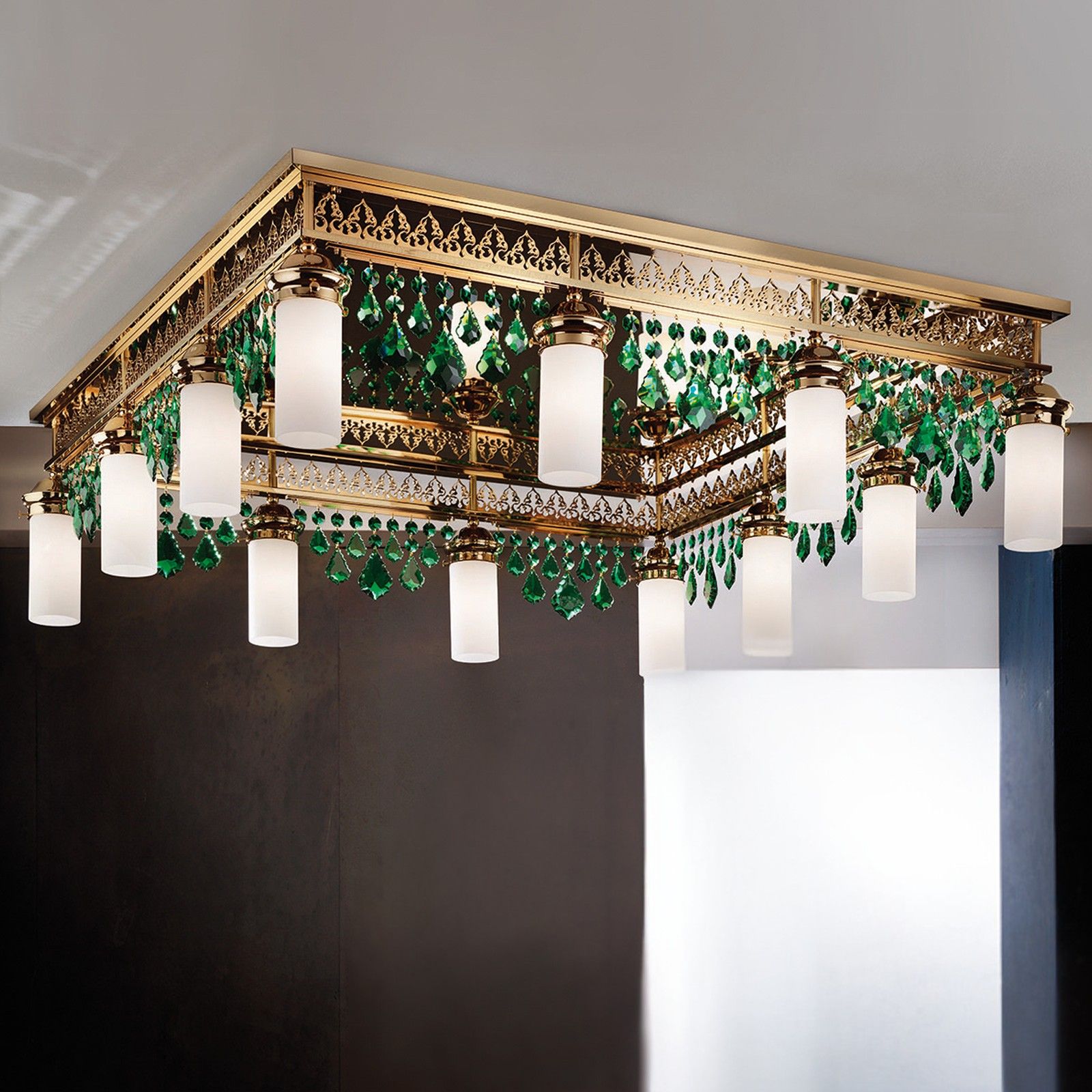 Ceiling chandelier ORIONtal, 12-flames, gold, with green crystal pendants
