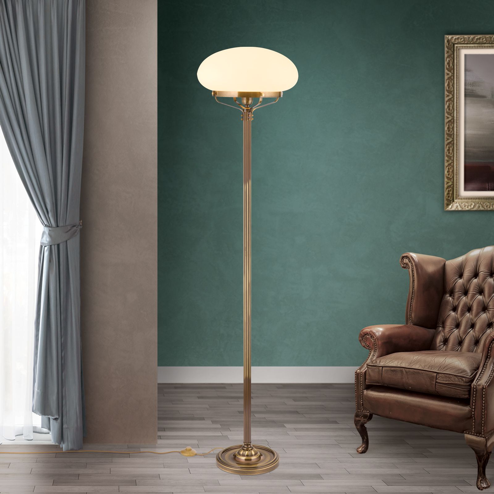 Floor lamp WIENER NOSTALGIE, antique brass finish, champagne coloured glass