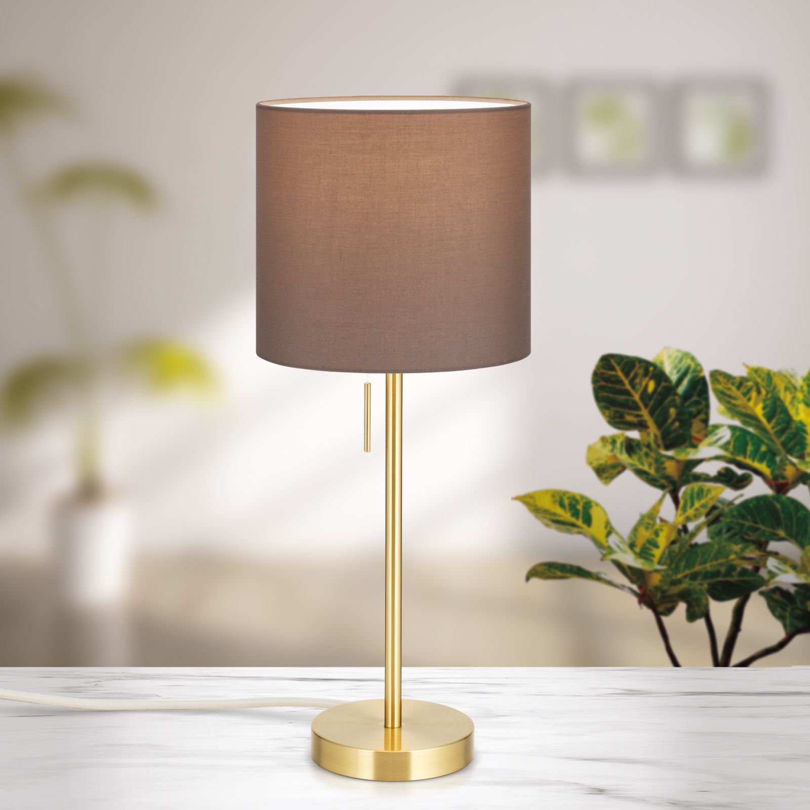 Table lamp SHADE, small, brass matt, with cylindrical, brown shade, Brushed Brass