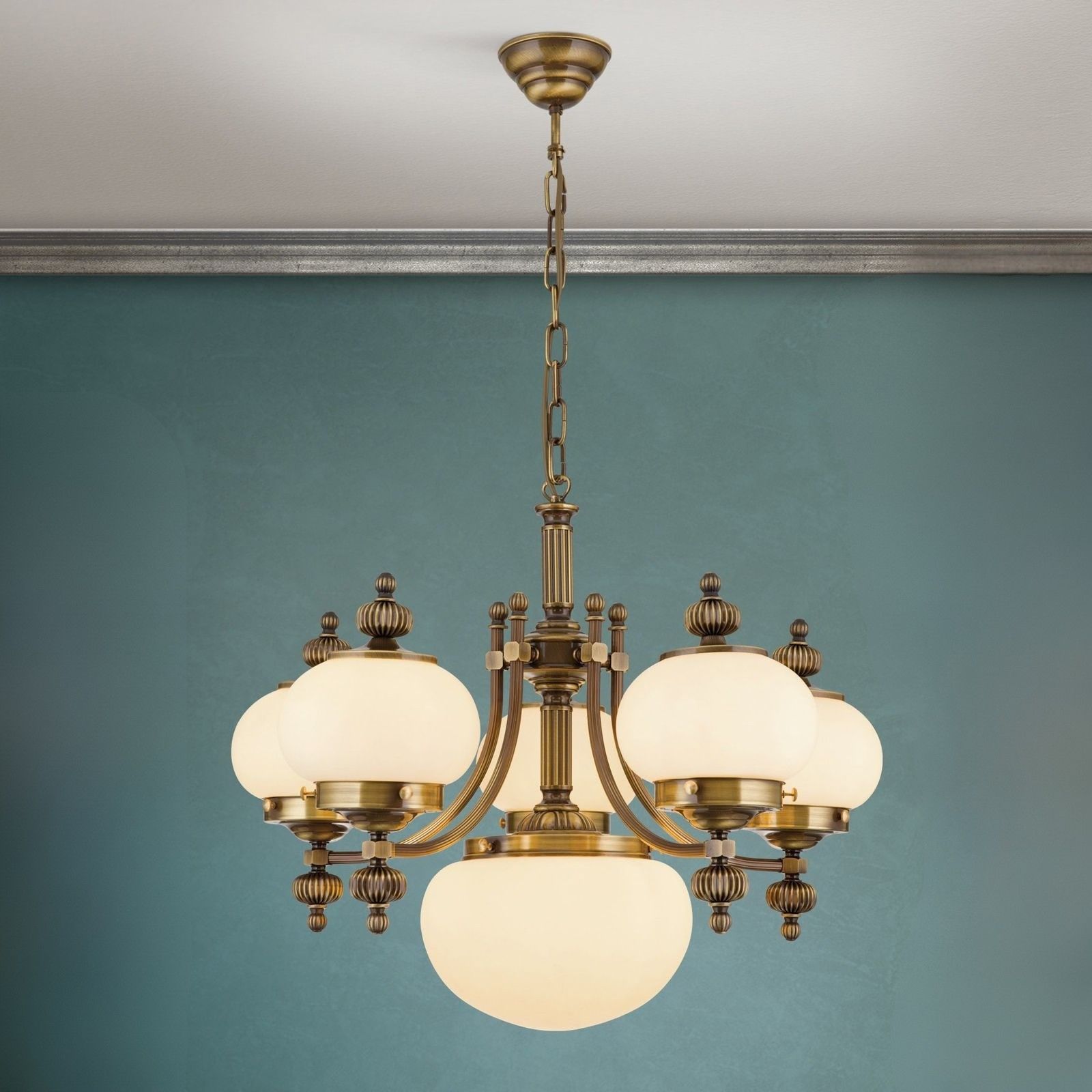 Chandelier WIENER NOSTALGIE, 5+1 lamps, antique brass finish, upwards, champagne coloured glasses