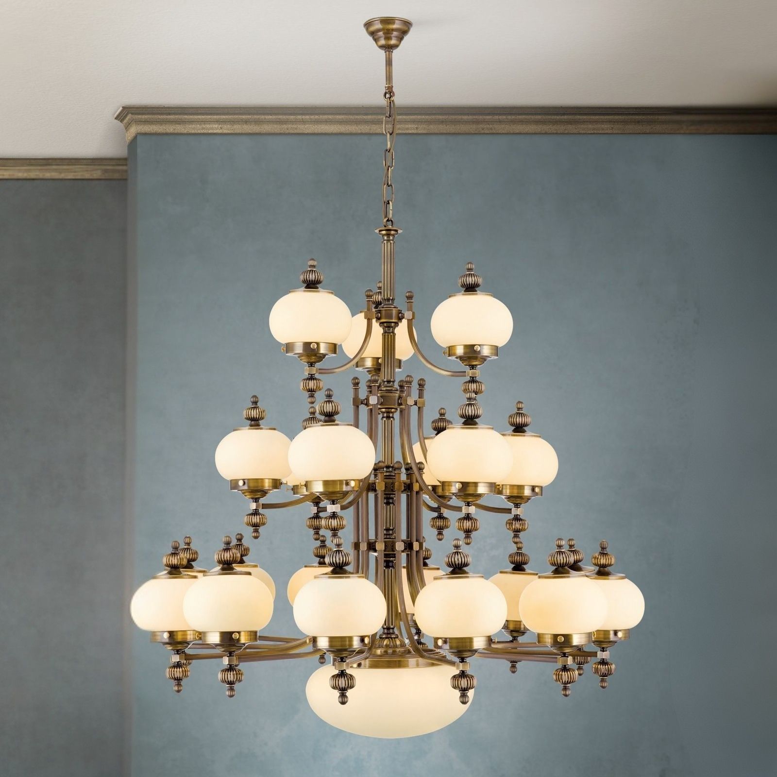 Chandelier WIENER NOSTALGIE, 12+6+3+1 lamps, antique brass finish, upwards, champagne coloured glasses