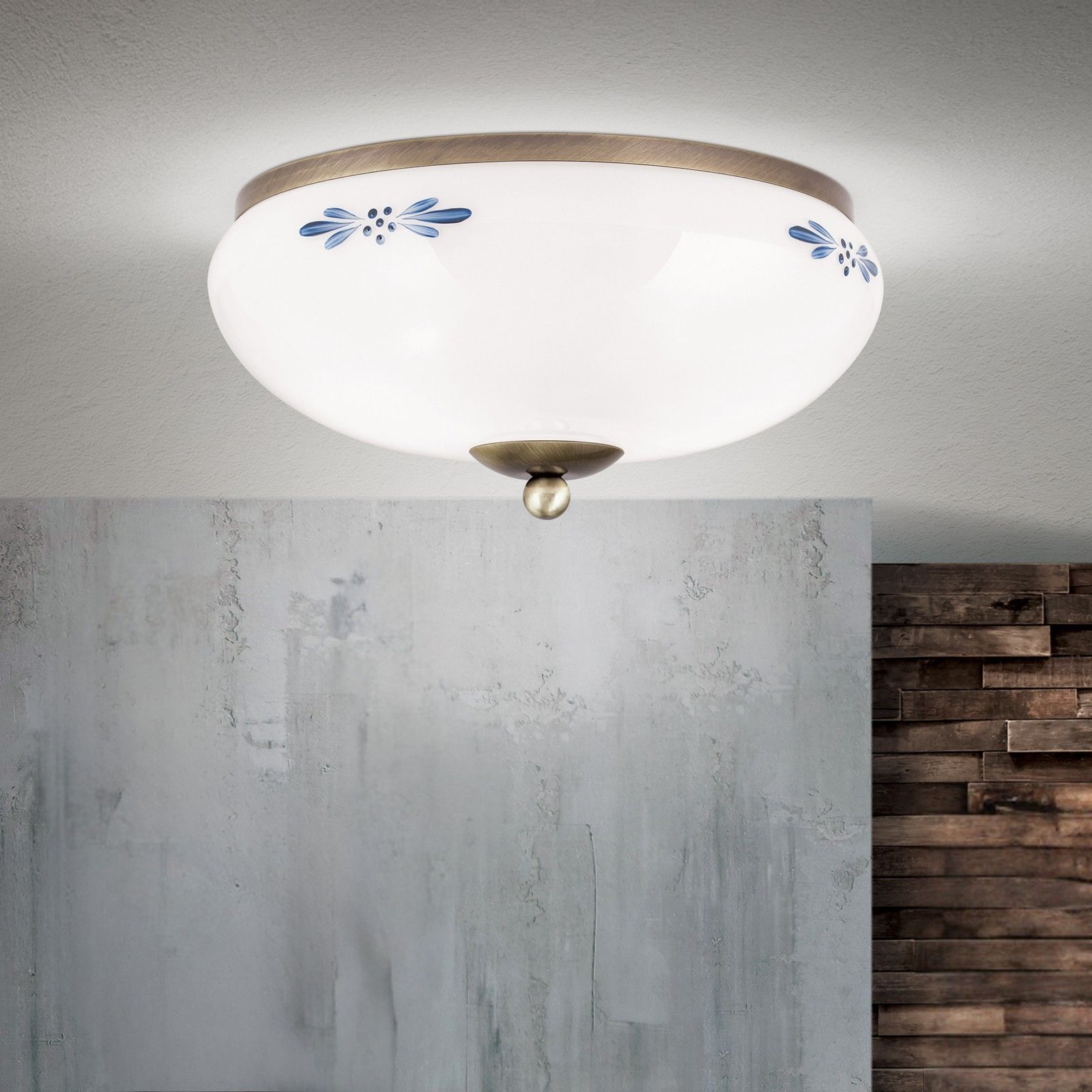 Stropní svítidlo LANDHAUS, patina, s modrým dekorem, s knoflíkem, Ø 28cm