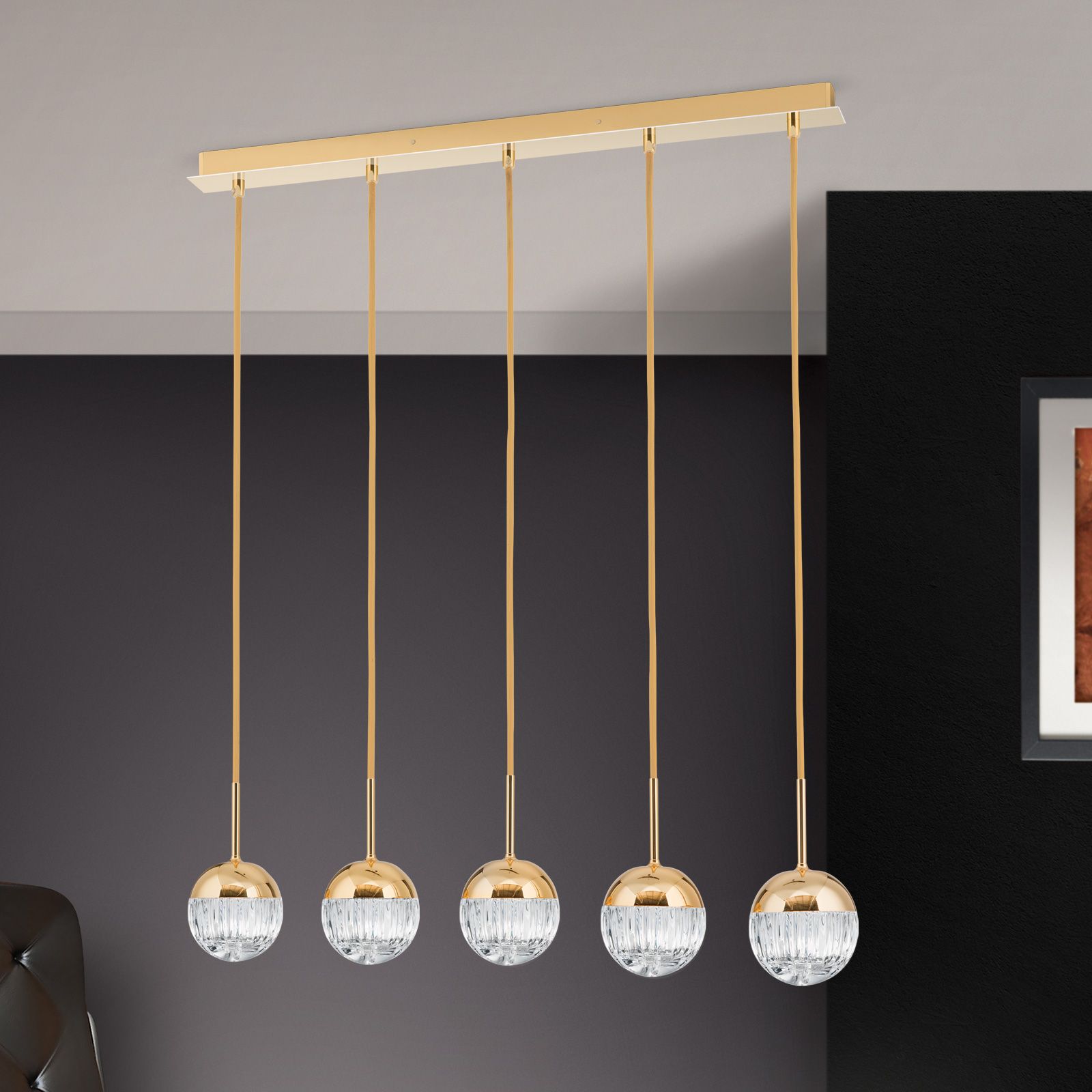 BALL pendant light, 5 lamps, 24K gold plated with clear crystal glasses with handmade line cut