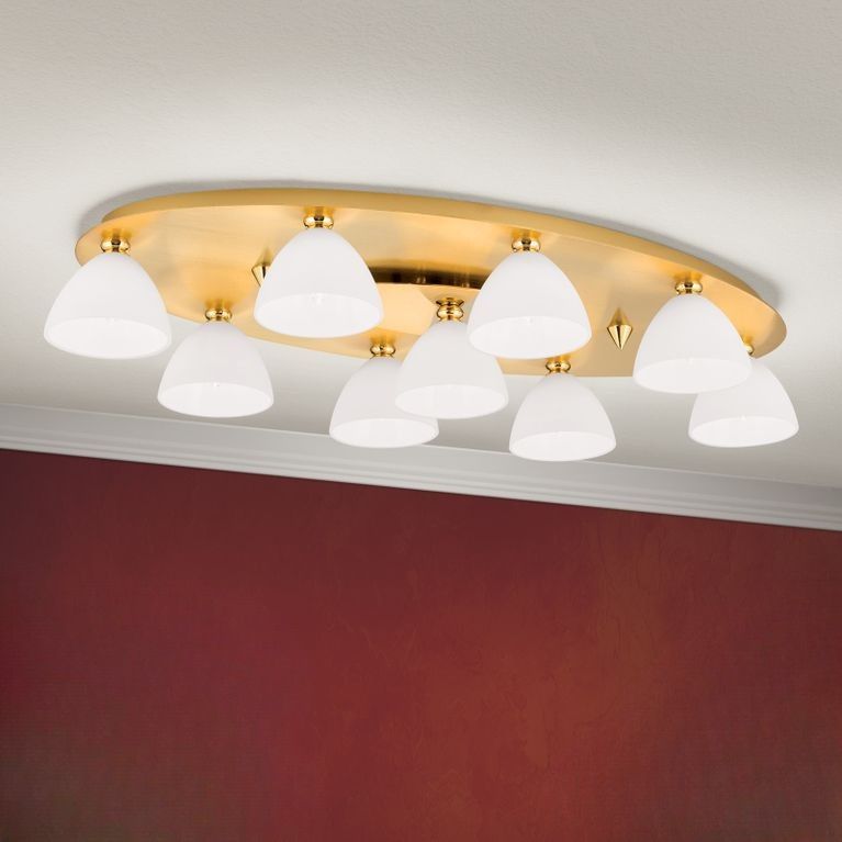 Ceiling light OPALDESIGN, 9-flames, gold matt, with opal glass