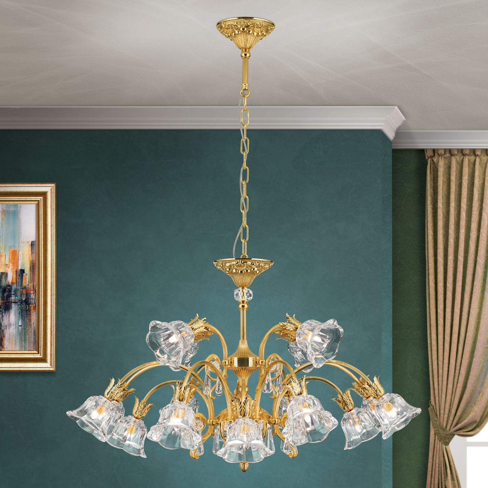 Chandelier LA BOHEME, 16 lamps, 24K gold plated