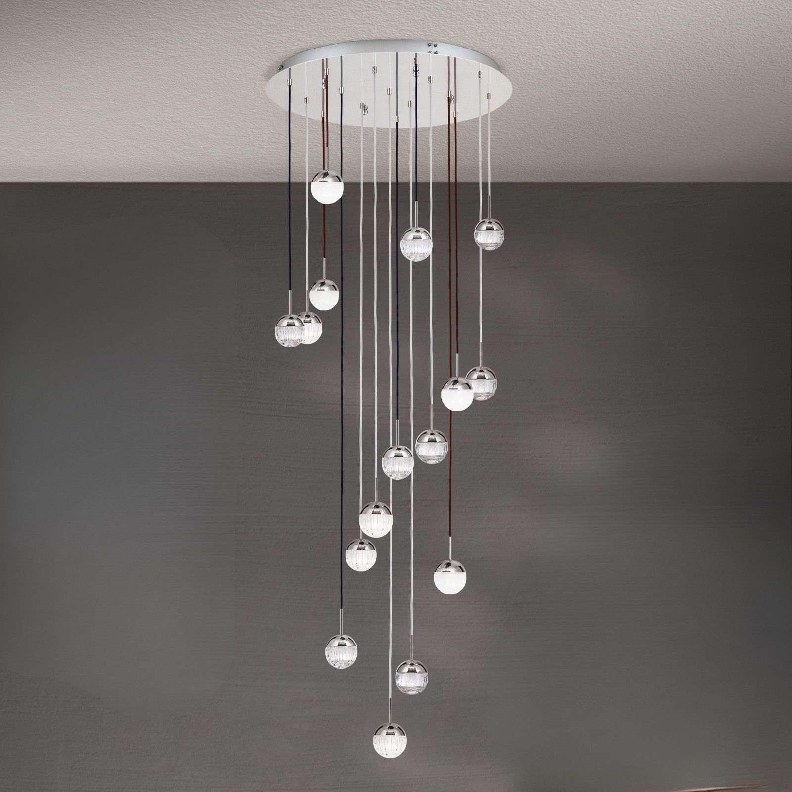 Ceiling chandelier BALL, Ø 80cm, nickel, with textile cable colour and crystal glass varieties