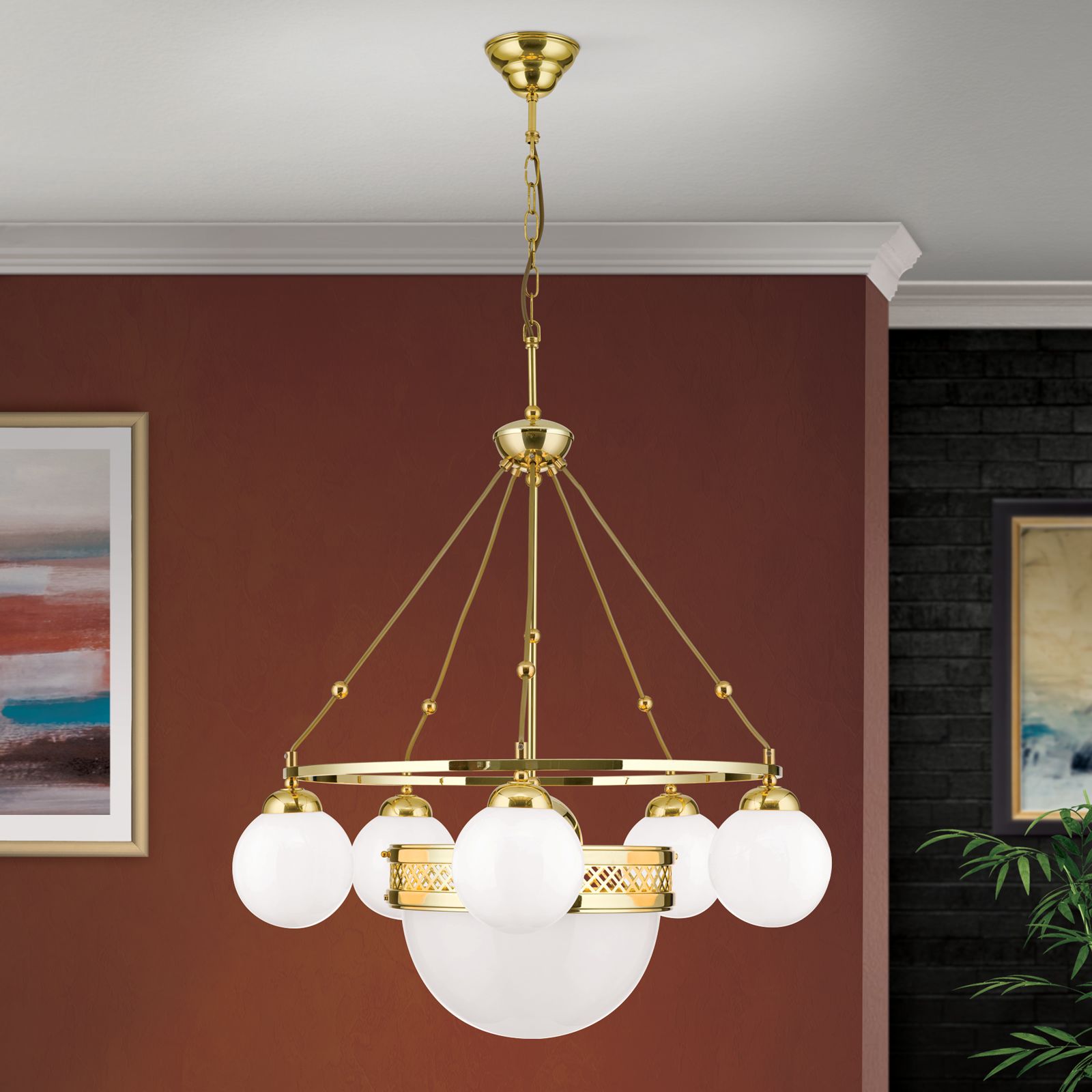 Pendelleuchte ALT WIEN, 5+1-flammig, Messing glänzend, mit opal glänzenden Gläsern