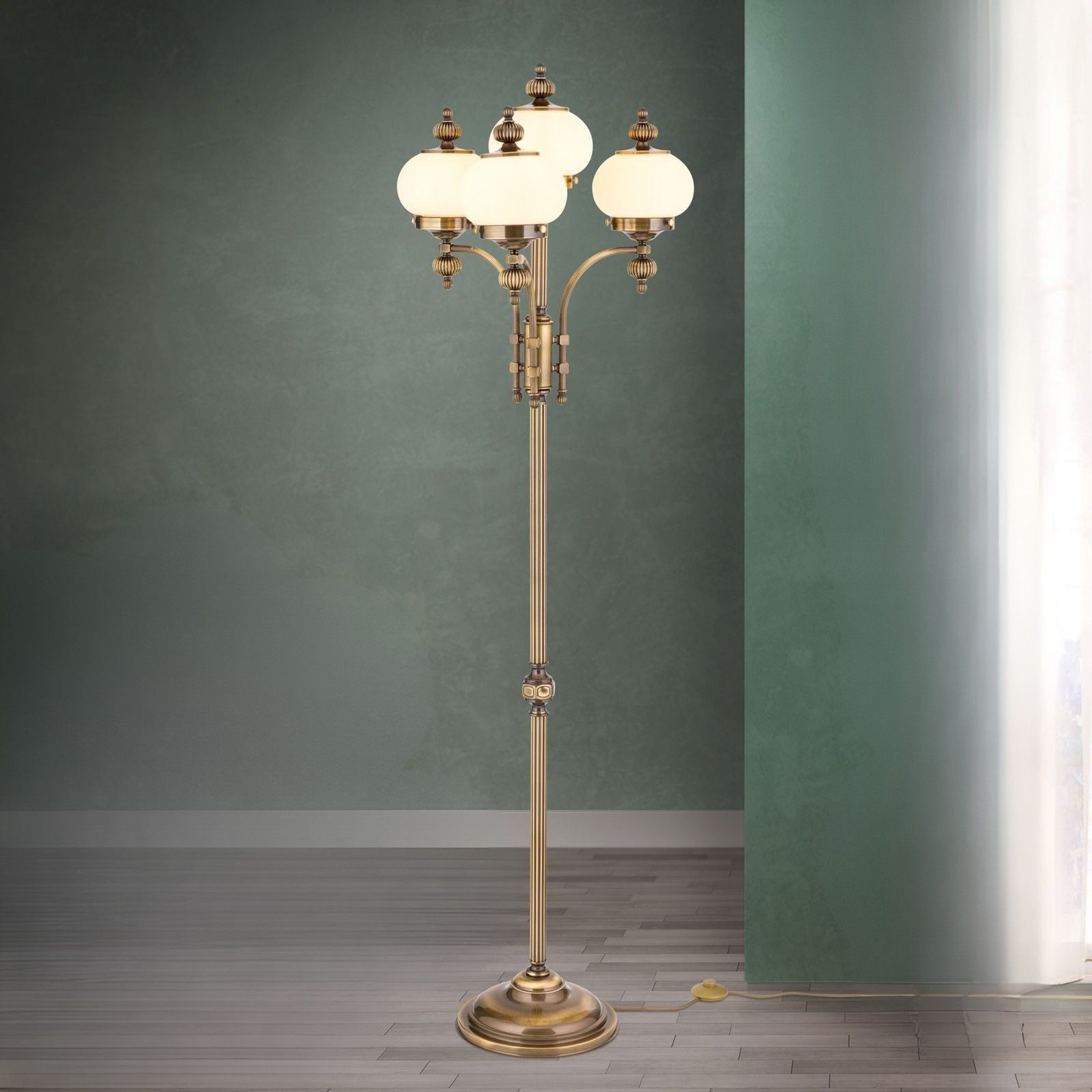 Floor lamp WIENER NOSTALGIE, 4 heads, antique brass finish, champagne coloured glasses