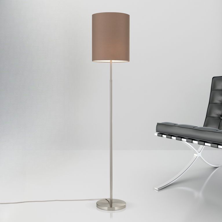 Floor lamp SHADE, satinated, height adjustable, with cylindrical brown shade